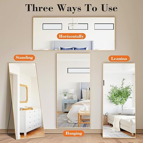 Miniatura 9 de DUMOS Espejo arqueado de longitud completa con soporte, espejo de piso de 59 x 16 pulgadas con marco de aleación de aluminio para dormitorio, espejo