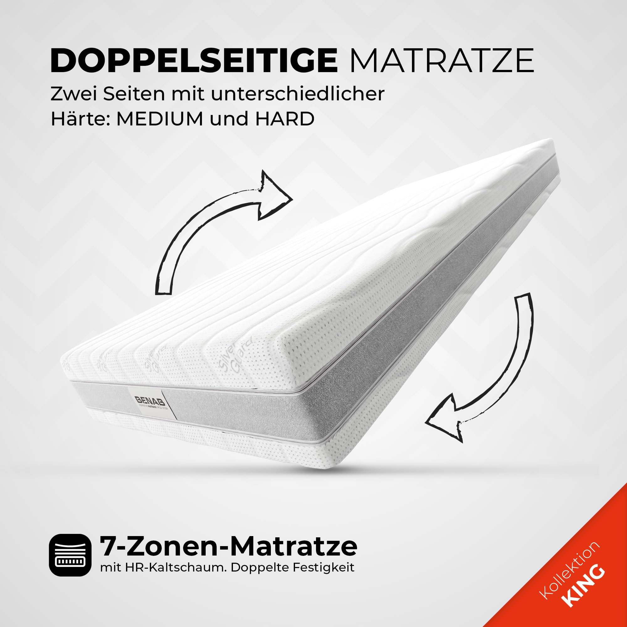BENAB King ORIGINAL HR Coco Matratze mit Kokos 200 x 200 cm – 22cm Hoch – 7-Zonen Kaltschaummatratze & PUR-Schaum – Härtegrad H3/H4 Wendematratze – Antibakterieller Silver Guard Bezug