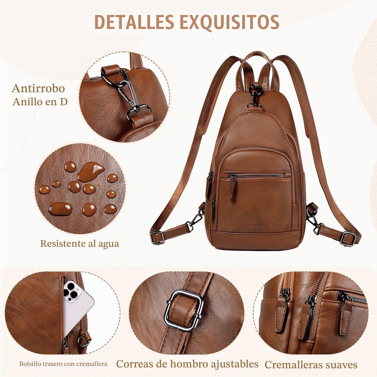 RAVUO Mochila Mujer Pequeña Casual Bolso Mochila Bandolera de Cuero PU Moda Bolsos Pecho de Piel Mini Crossbody Sling Bag para Viaje Trabajo,Marrón