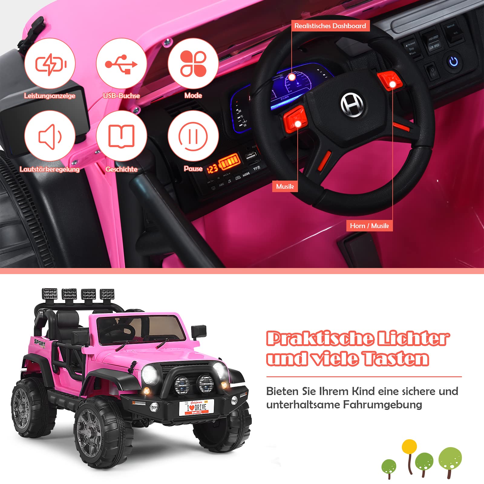 GOPLUS Coche Eléctrico para Niños, Batería 12V con 2 Plazas, Mando de 2,4 GHz a Distancia Música Faros, Puerta de Doble, Suspensión Amortiguadora, Velocidad Ajustable, Carga 50kg, 123x80x80, Rosa