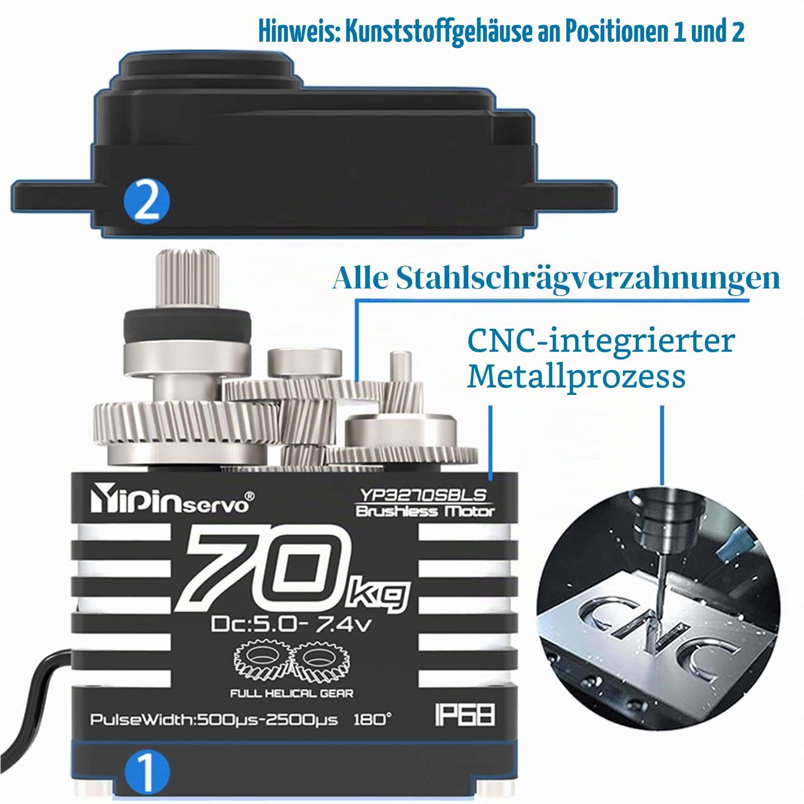70kg Digital Servo 8.4V 180° Brushless RC Servomotor High Torgue Wasserdicht IP68 Stahl Helical Gear mit 25T Servo Arm 1/8, 1/10 RC Auto Roboter Boot