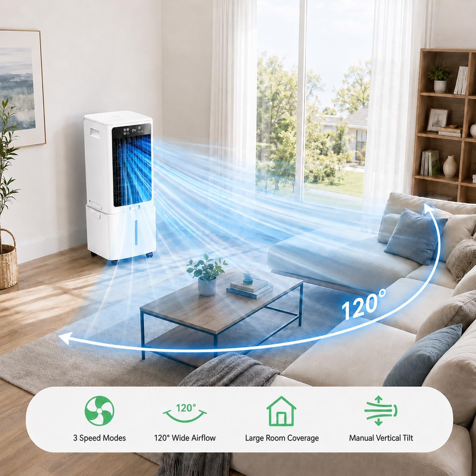 Climatizador Evaporativo Portátil para Hogar, Enfriador de Aire con Ventilador, Depósito de Agua Extraíble, 6 Acumuladores de Frío, Temporizador 12H
