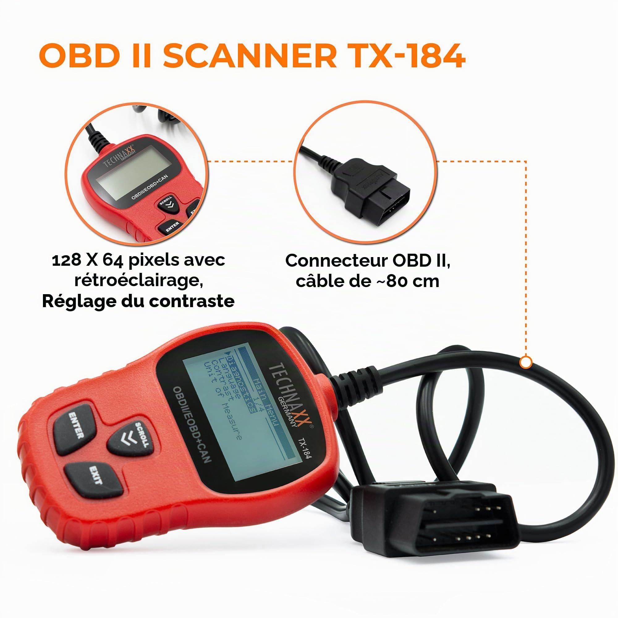 Technaxx Lecteur de Code OBD II TX-184 - Outil de Diagnostic Automobile Multilingue avec Récupération VIN/CIN/CVN, Lecture & Effacement des Codes d'Erreur, Compatibilité Véhicules 1996+