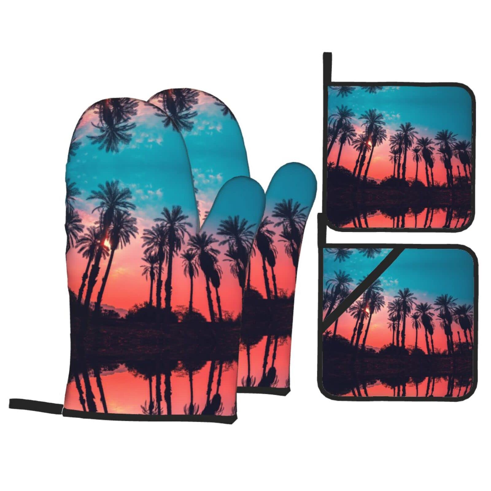Palm Tree Sunset Oven Mitt and Pot Holder 4-Piece Set for Kitchen, Outdoor Grill, Baking
