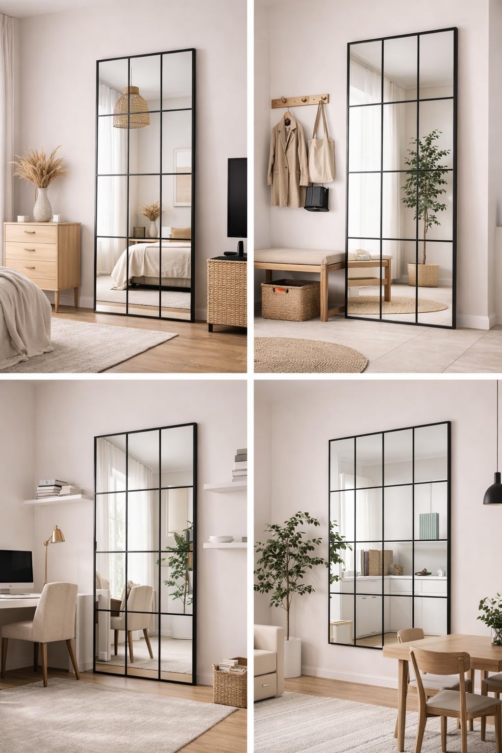 Espejo Rectangular Decorativo 63x175cm con Diseño de Cuadrícula | Espejo de Ventana con Marco Metálico Inclinado | para Entrada, Salón y Pasillo