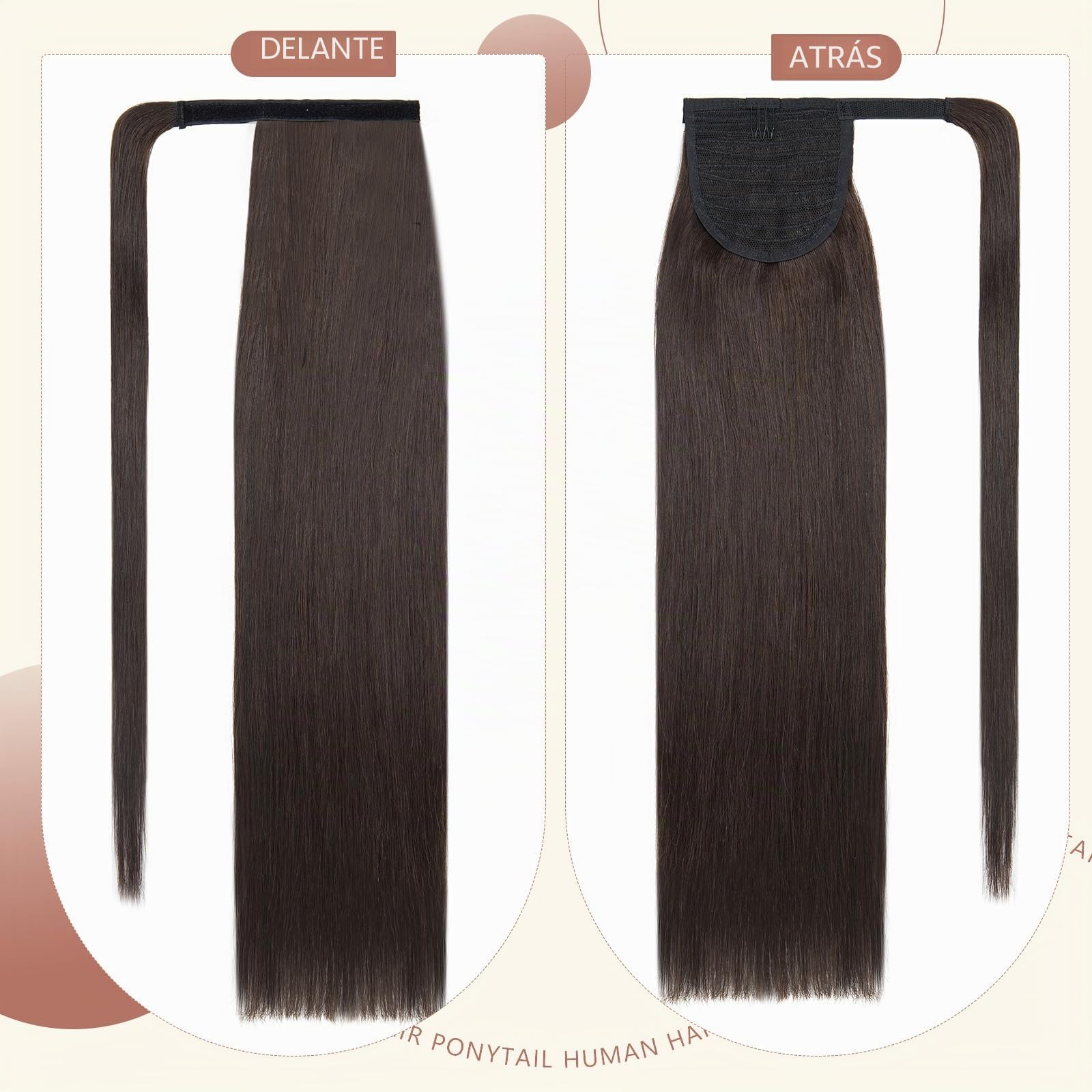 Elailite Coletas Postizas Pelo Natural Clip Extensiones #02 Castaño Oscuro - 55cm Cabello Humano Coleta Postiza Cola de Caballo 95g