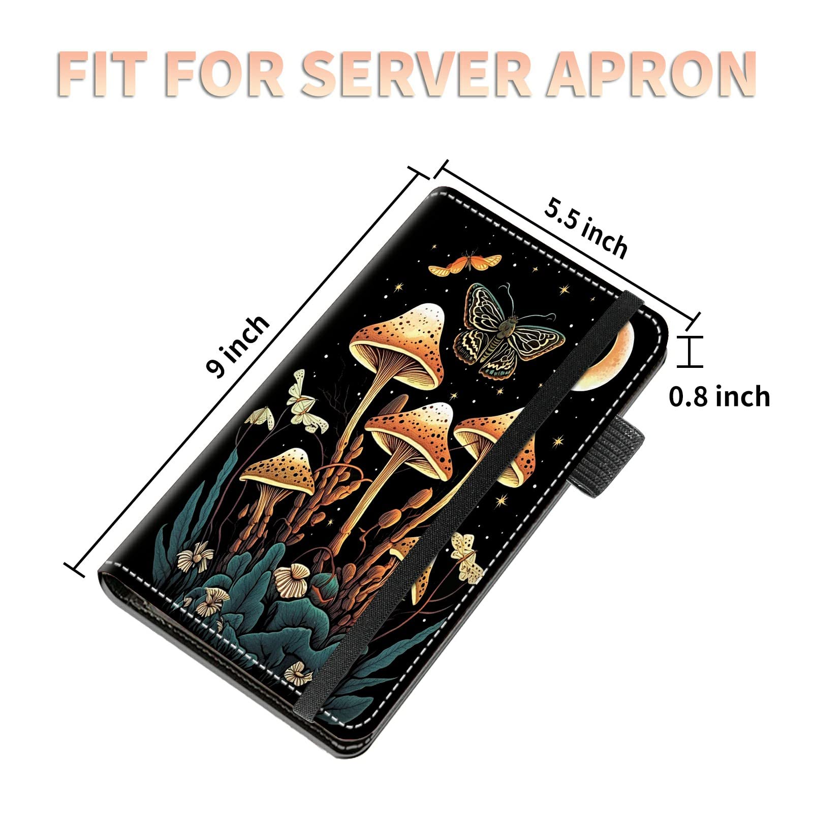 High Volume Server Books, Mushroom Moth Moon Server Book w/ 2 Expandable Pockets 9 x 5 Cute Waitress Book Zipper Pocket & Strap Closure Waitstaff Organizer Server Booklet Waiter Money Wallet