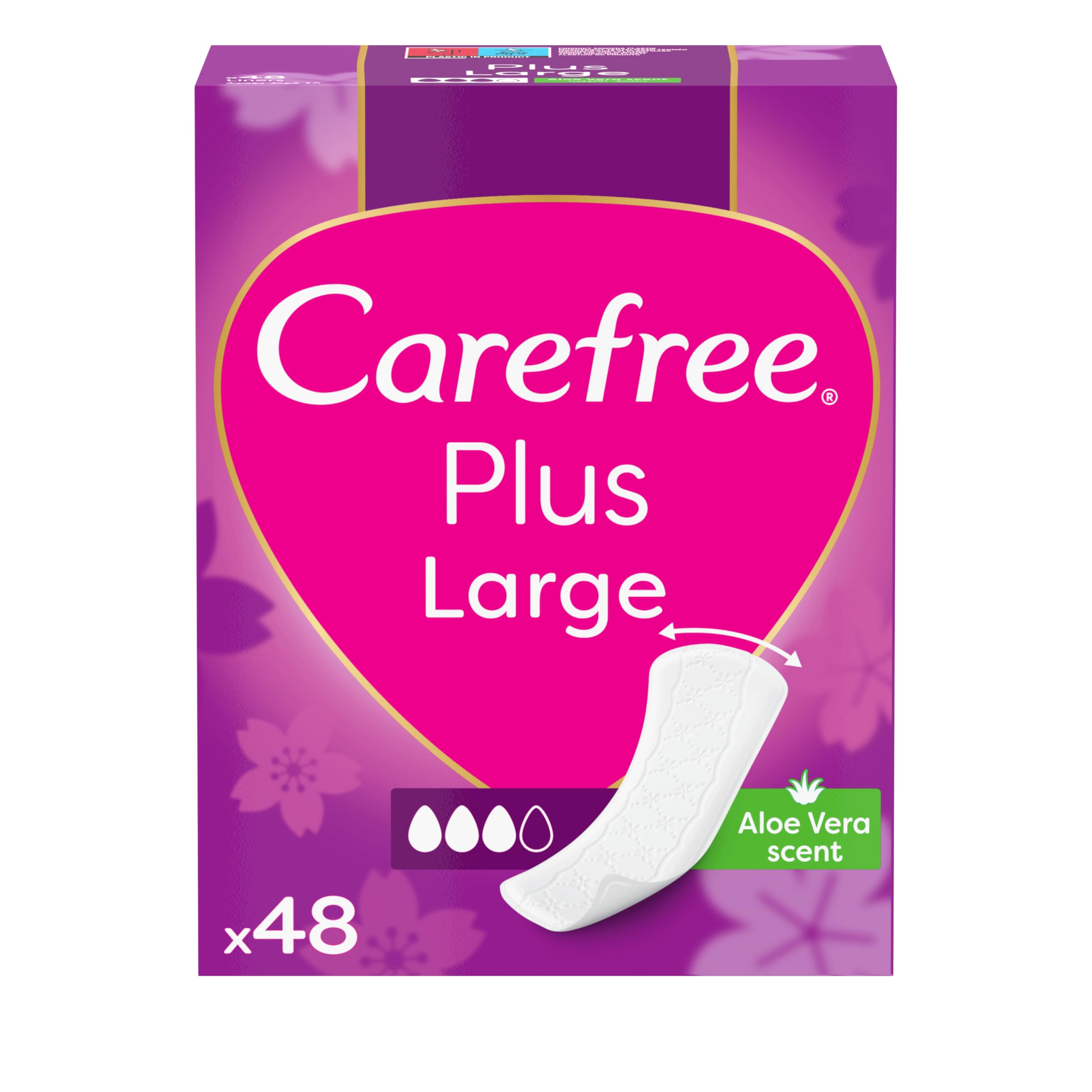 Carefree Panty Liners Plus Large Aloe 48pcs, great Fit Design Adapts with Your Body Movement, Ultra Comfortable and Absorbent for Everyday Use, Sensitive Skin Friendly