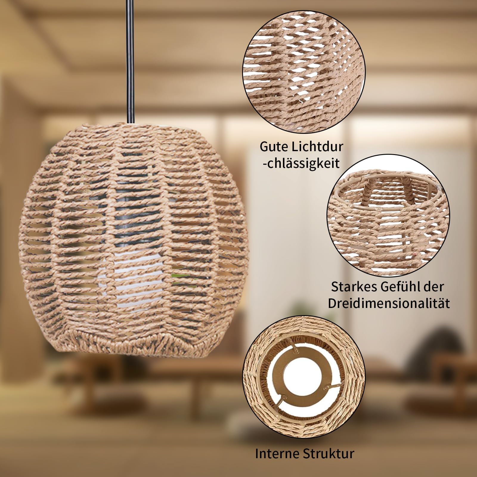 Boho rattanowy abażur, lampa wisząca, abażur papierowy, wisząca, latarnia, lampa stołowa, zapasowy klosz, akcesoria do lampy stołowej, lampy sufitowej (4, sferyczna)