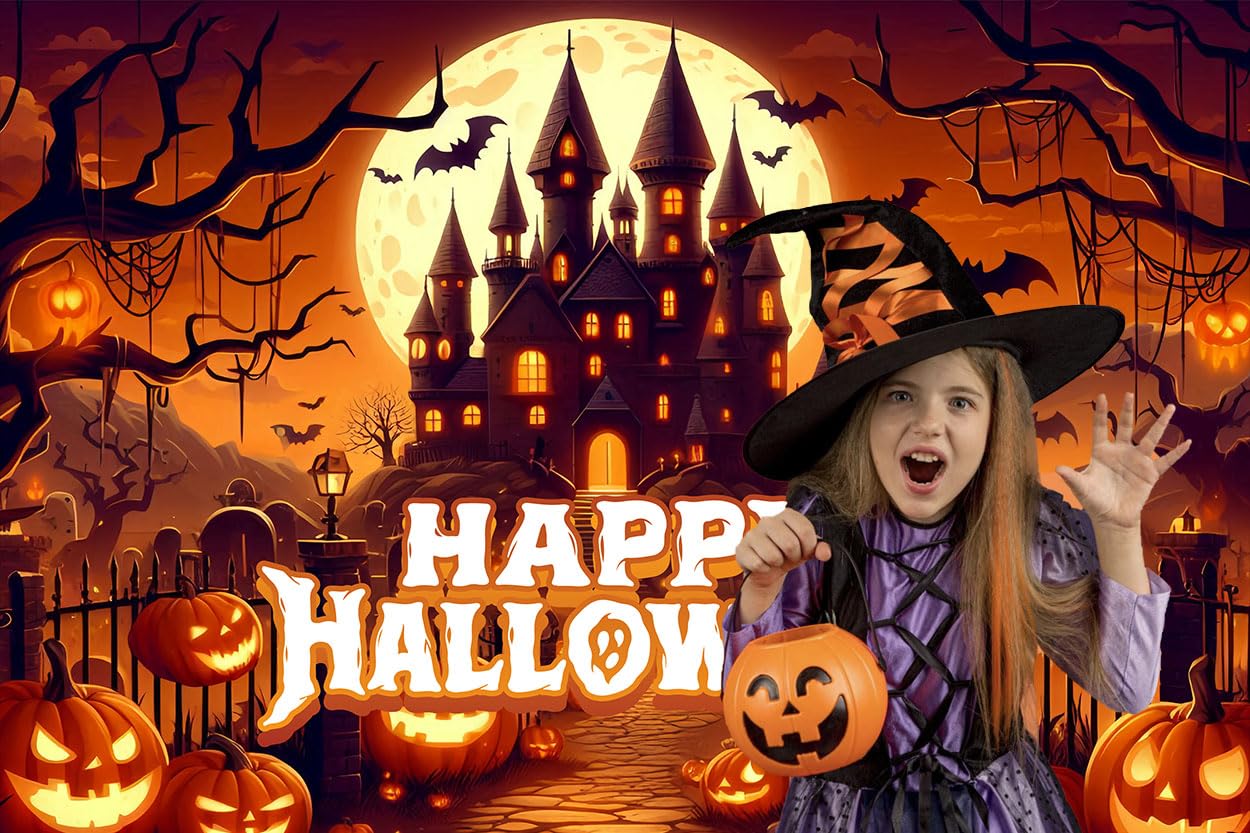 Halloween-Fotohintergrund 2,8x1,5 M – Mit Boo, Fledermäusen, Kürbissen & Spinnennetzen | Aus Vinyl, Für Kinderpartys & Dekoration