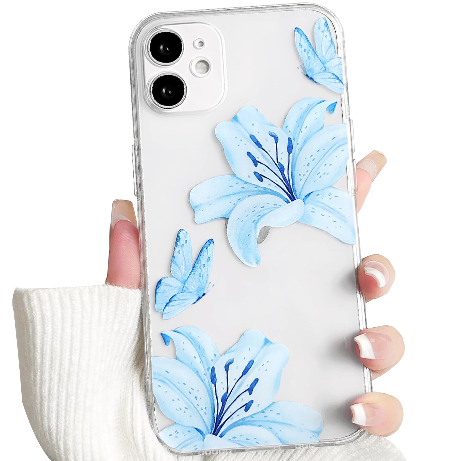 Photo 1 of NITITOP Compatible with iPhone 12 Mini Case Clear Cute Butterfly Lily Flower Floral Pattern for Women Girls Full Camera Lens Clear Slim Shockproof Protective Phone Cover - Blue