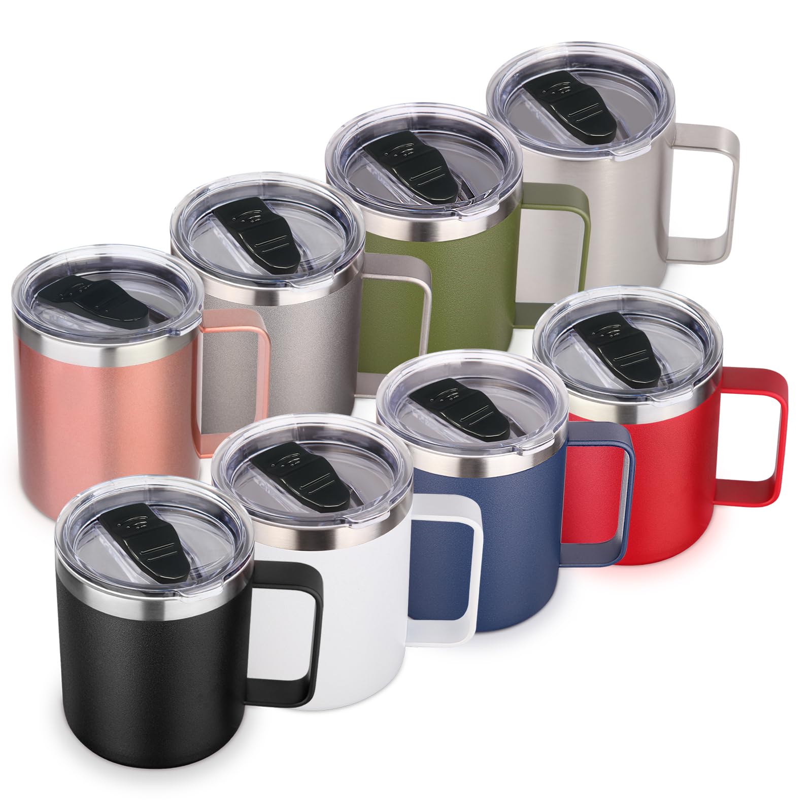 Volhoply Taza de café aislada de acero inoxidable de 14 onzas con tapa, paquete de 8 unidades, taza de café de viaje al vacío de doble pared con asa, taza de termo de metal reutilizable, tazas de