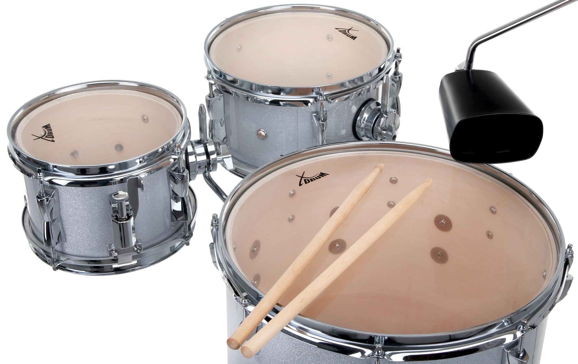 XDrum Club Drumset Cocktail Schlagzeug (inkl. Becken, Cowbell, Drumsticks und Stimmschlüssel) Silver Sparkle