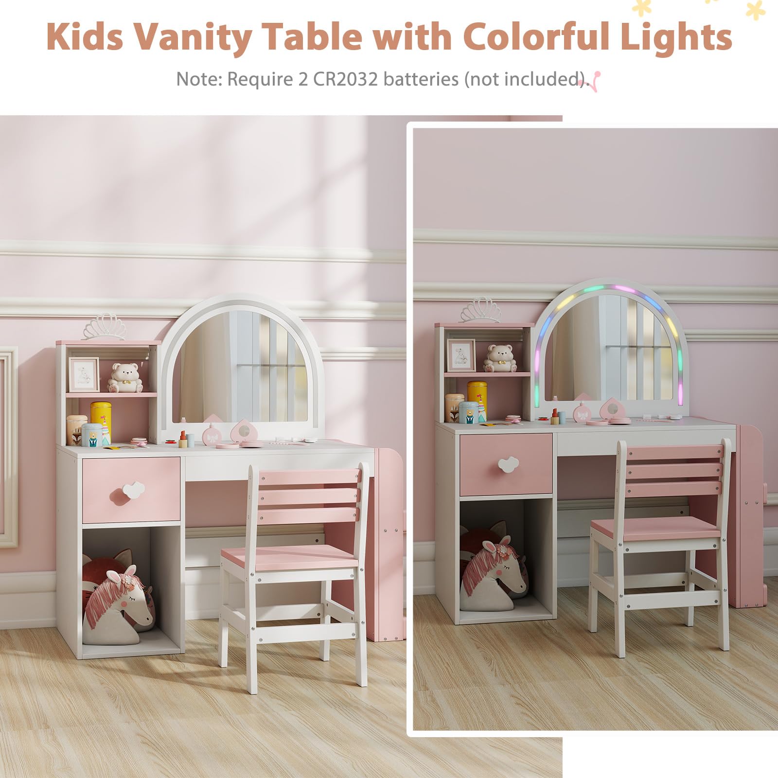 LIFEZEAL Tavolo da Toeletta con Specchio, Luci (bianco+rosa) | Set da Toeletta con Sgabello, 1 Cassetto, Scomparti Aperti, Mensola Laterali, Accessori, per Cameretta, per Bambina 3+Anni