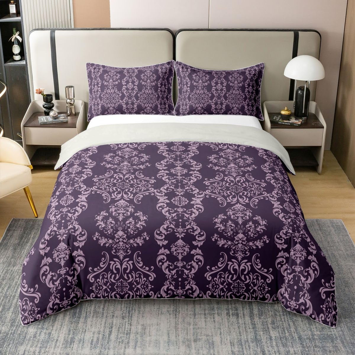 Housse de couette damassé violet en pur coton de style victorien