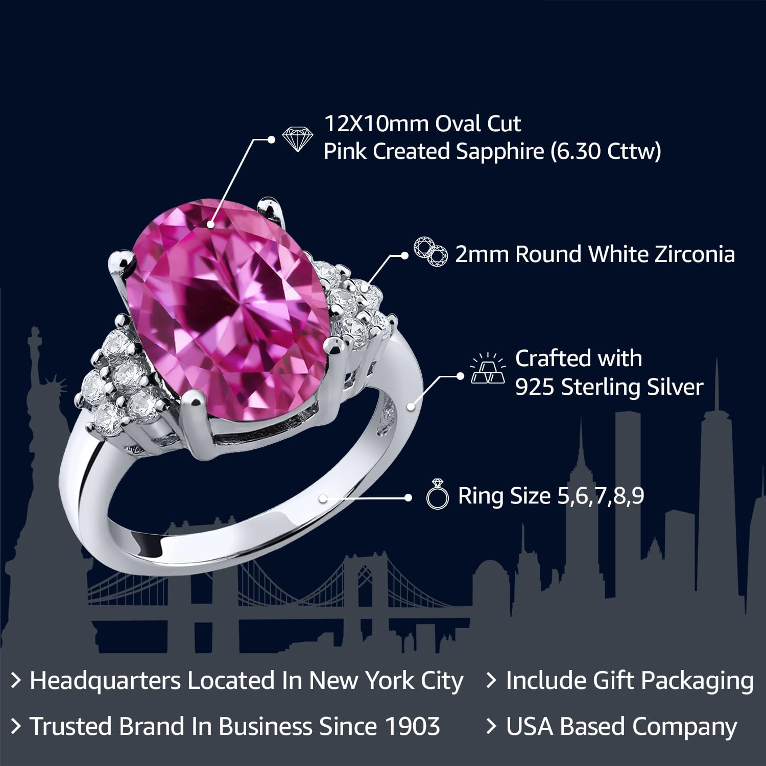 Gem Stone King 6.30 Cttw Pink Created Sapphire Ring For Women | 925 Sterling Silver | Oval 12X10MM | Wedding Engagement Anniversary Promise Ring For Women | Available In Size 5, 6, 7, 8, 9 - Image 2