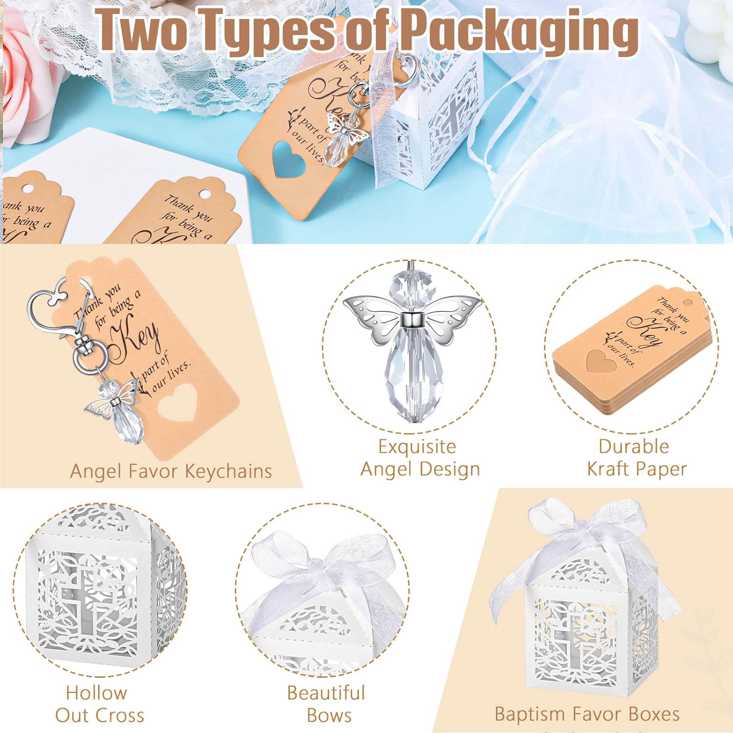 Fumete 100 Pieces Baptism Favors Set Angel Keychains Favor Baptism Boxes White Organza Bags with Tags for Bautizo Recuerdos Christening Memorial Gifts Wedding Baby Shower Party Supplies - Image 3