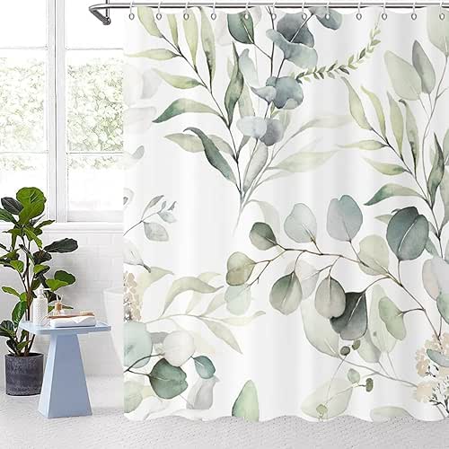 Eucalyptus Leaf Shower Curtains, Sage Green Spring Botanical Watercolor Plants