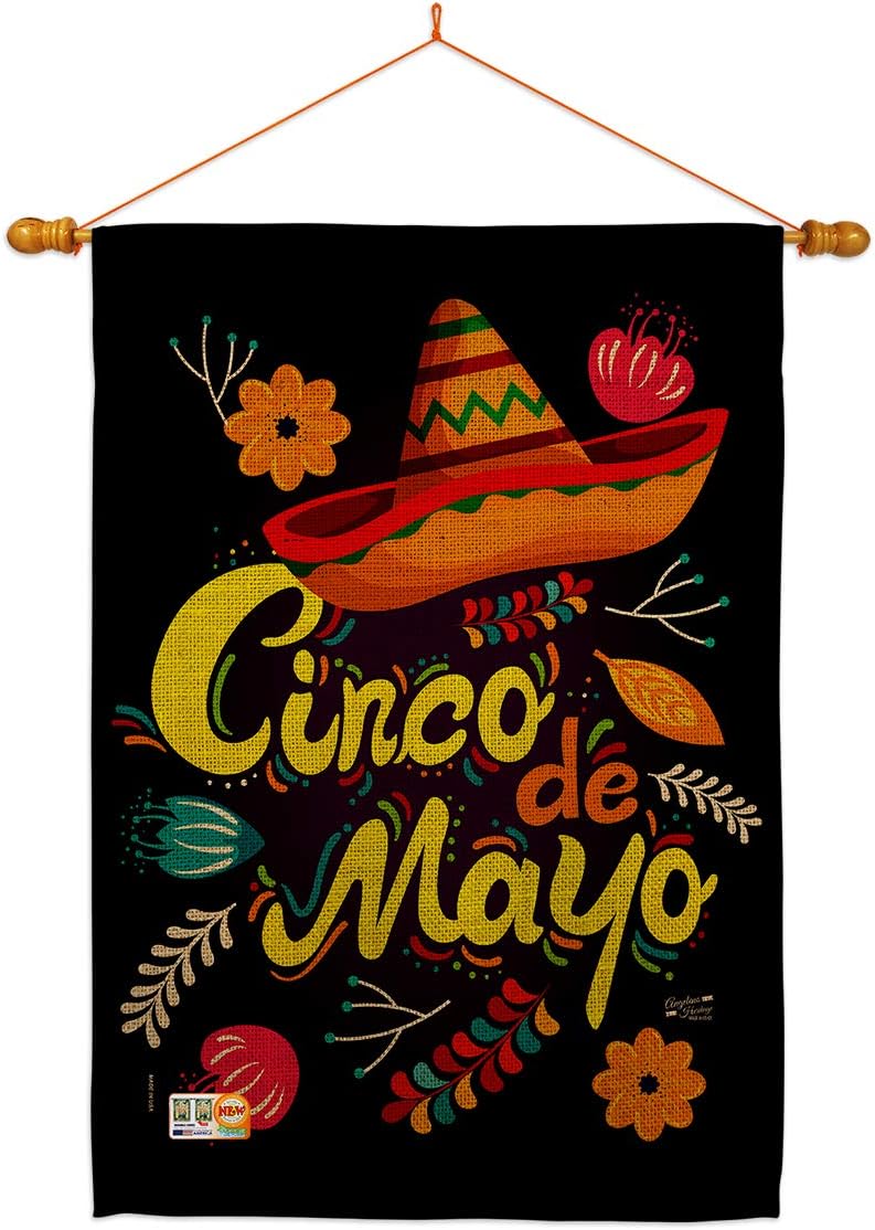 Sombrero Cinco De Mayo House Flag Dowel Set Summertime Party Cactus Pinata Mexican Fiesta Outdoor Small Decorative Gift Yard Banner Made In USA 28 X 40