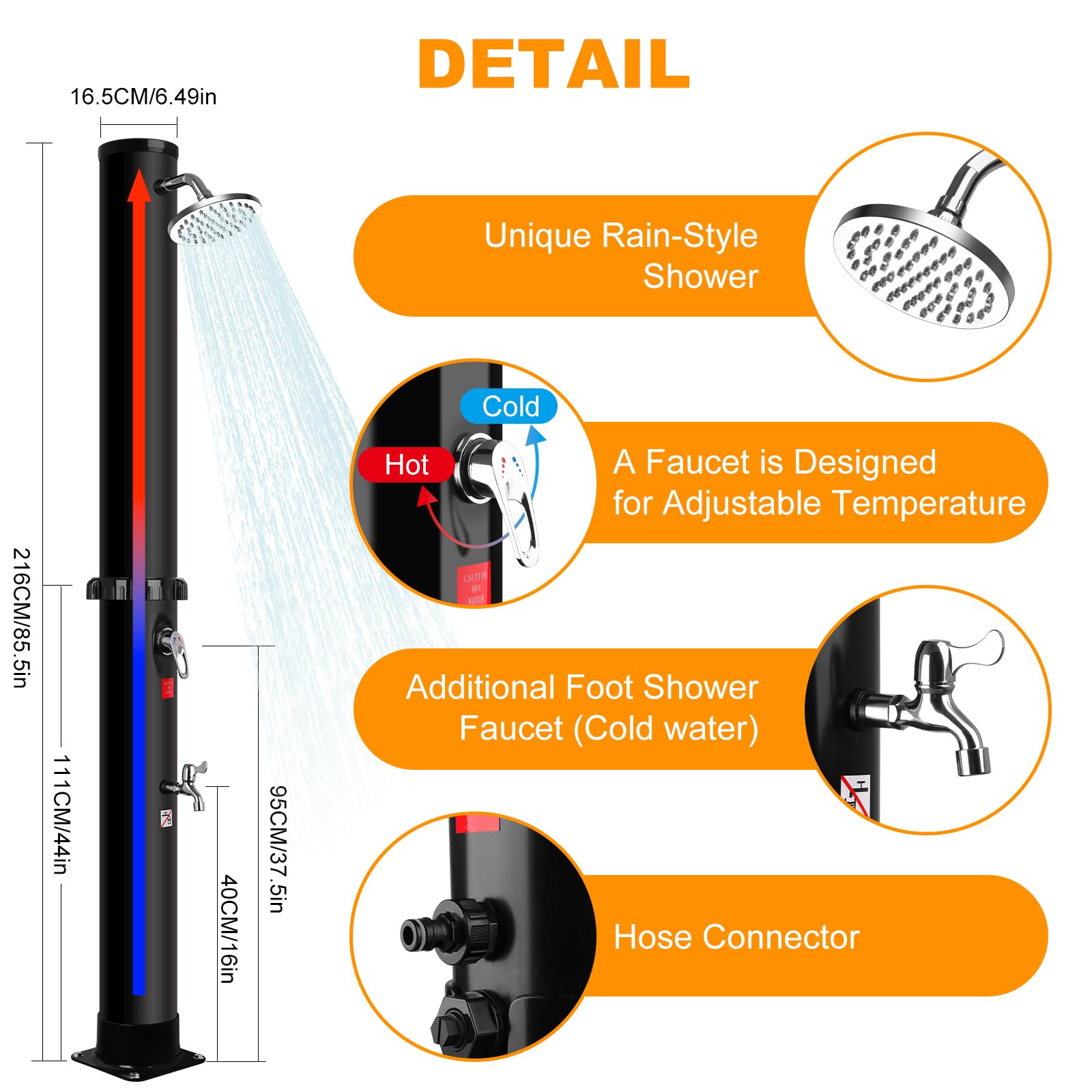 Douche Solaire 40L - Douche de Jardin Solaire Chaude avec Robinet et Pommeau de Douche à Effet Pluie, Température Réglable Jusqu'à 60°C, Douche Solaire Exterieure Idéal pour Piscine Plage Jardin