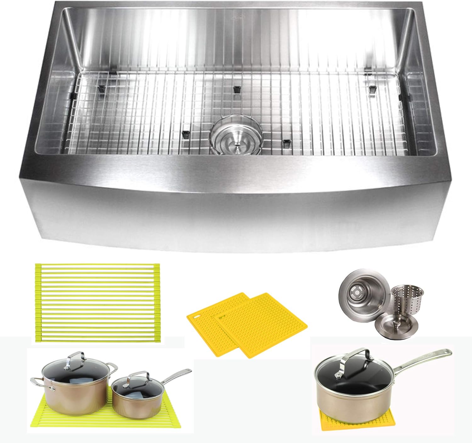 Premium 36 Inch Farmhouse Apron Front Stainless Steel Kitchen Sink Package - 16 Gauge Curved Front Single Bowl Basin - Complete Sink Pack + Bonus Kitchen Accessories - Ideal For Home Renovation