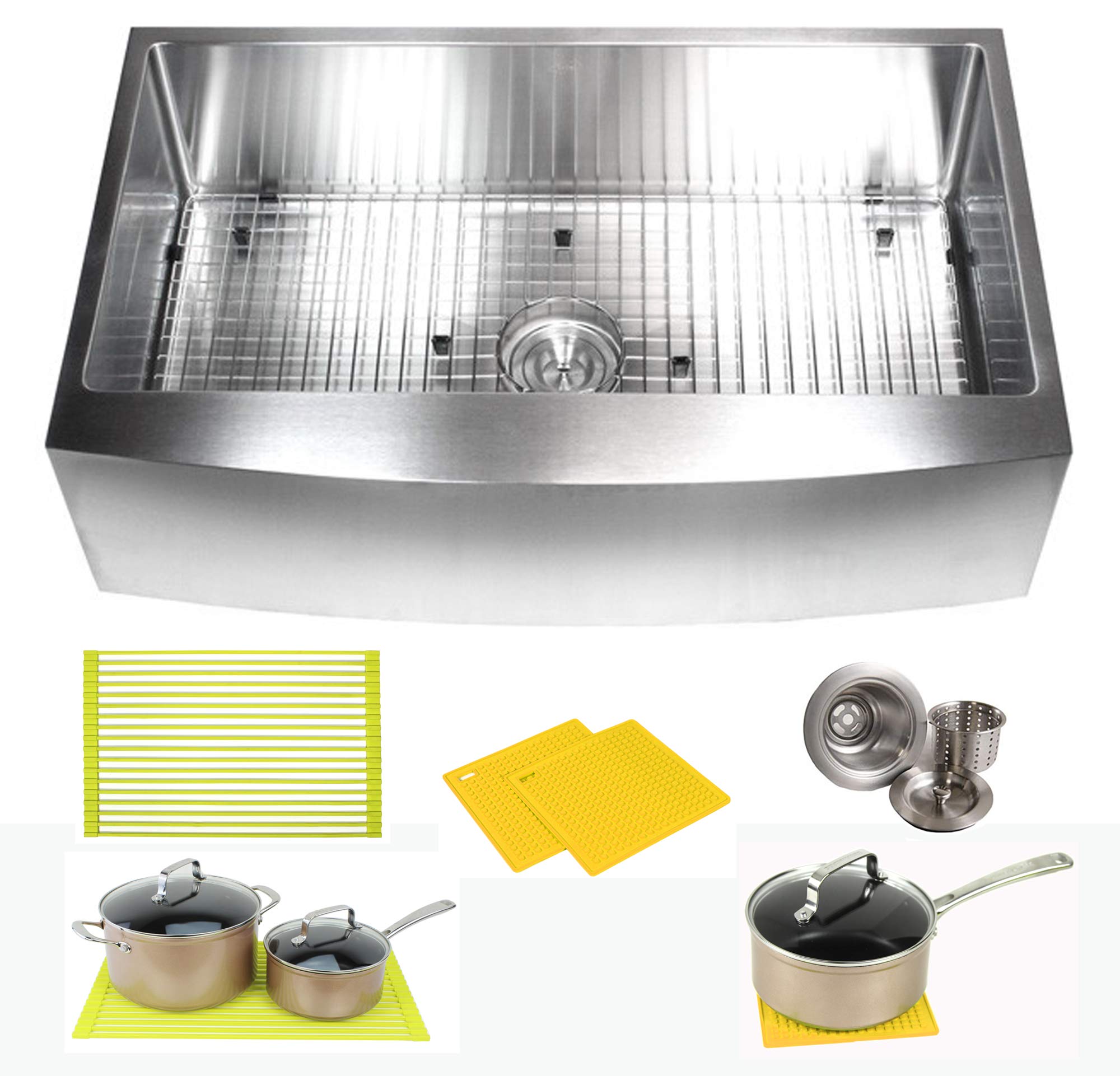 Premium 36 Inch Farmhouse Apron Front Stainless Steel Kitchen Sink Package - 16 Gauge Curved Front Single Bowl Basin - Complete Sink Pack + Bonus Kitchen Accessories - Ideal For Home Renovation