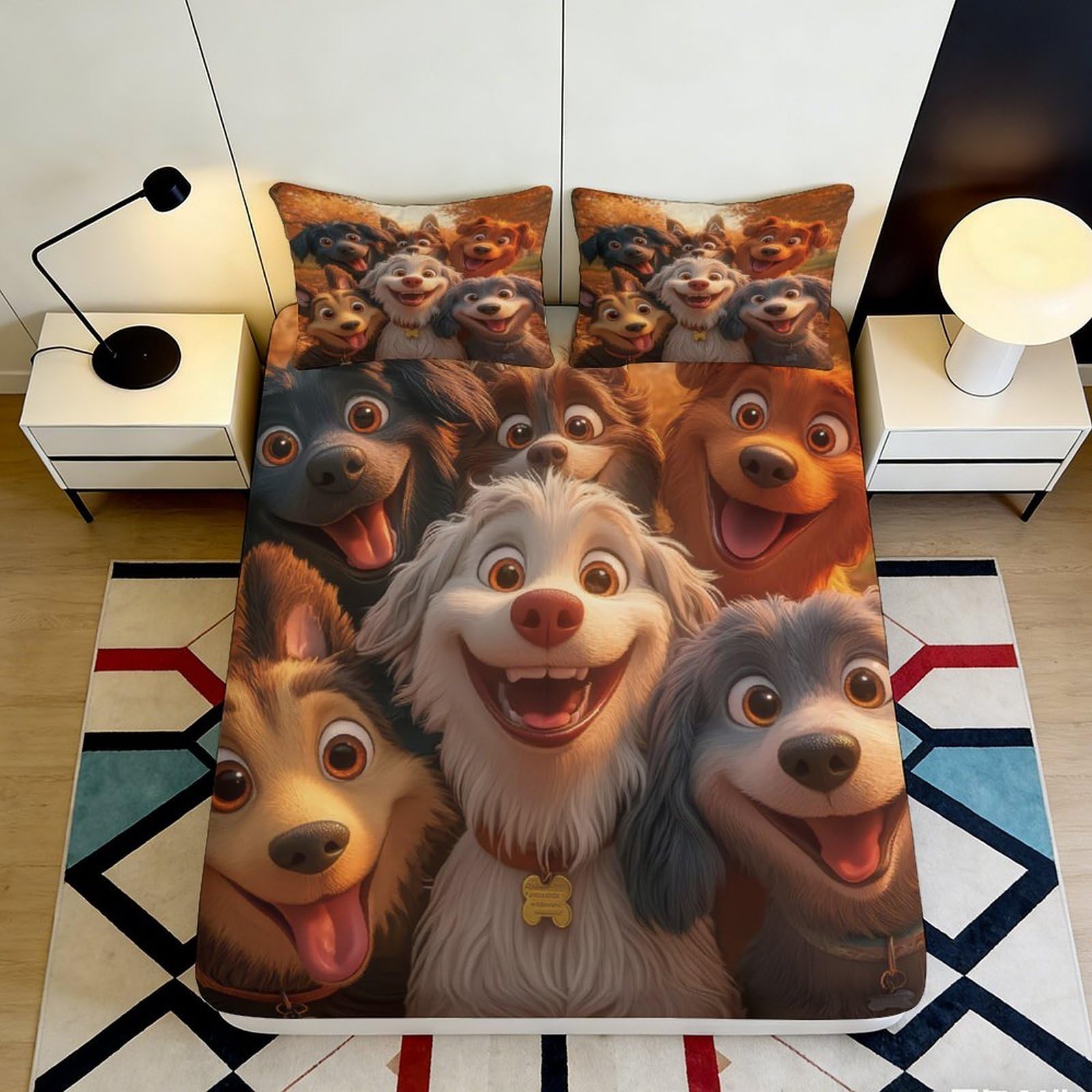 3D Printed Happy Dogs Fitted Sheet Microfiber Soft Durable Cartoon Puppies Bed Cover for Bedroom Dormitory Guest Room Mattress Protection 140x200x25cm