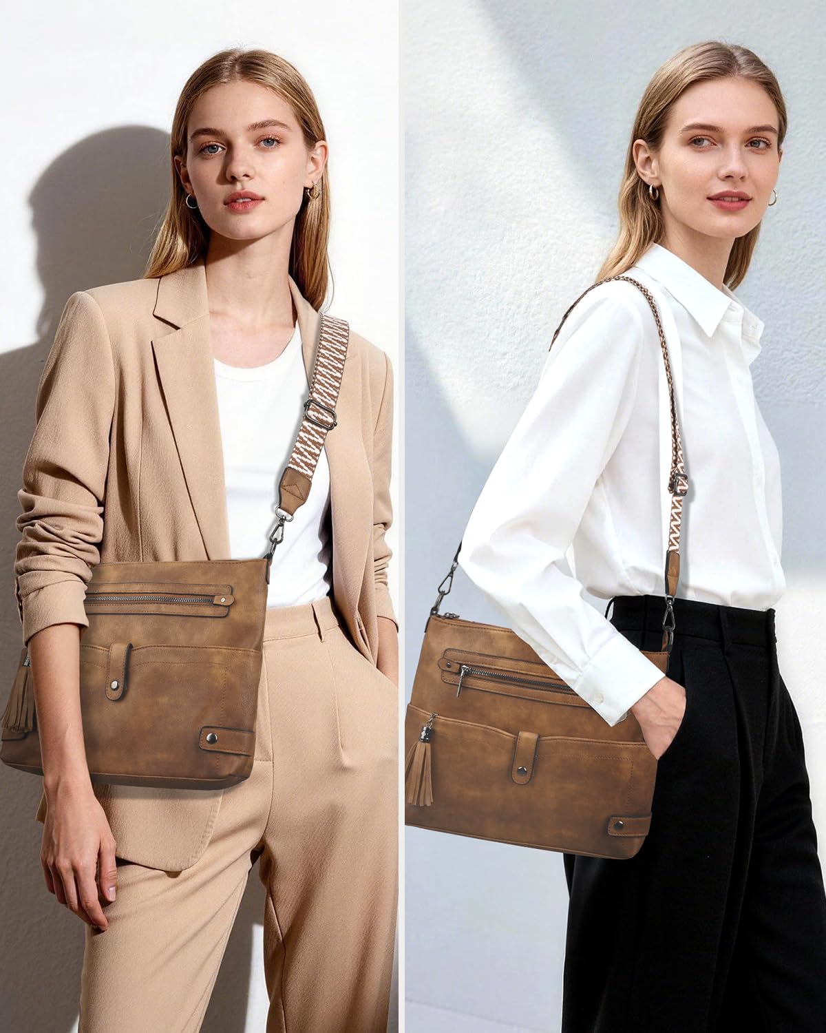 Bolsos Bandolera Mediano para Mujer, Bolso Cruzado de Diseño en Piel Vegana con Borla y Correa Ancha de Estilo Boho, Bolso de Hombro de Moda con Múltiples Bolsillos