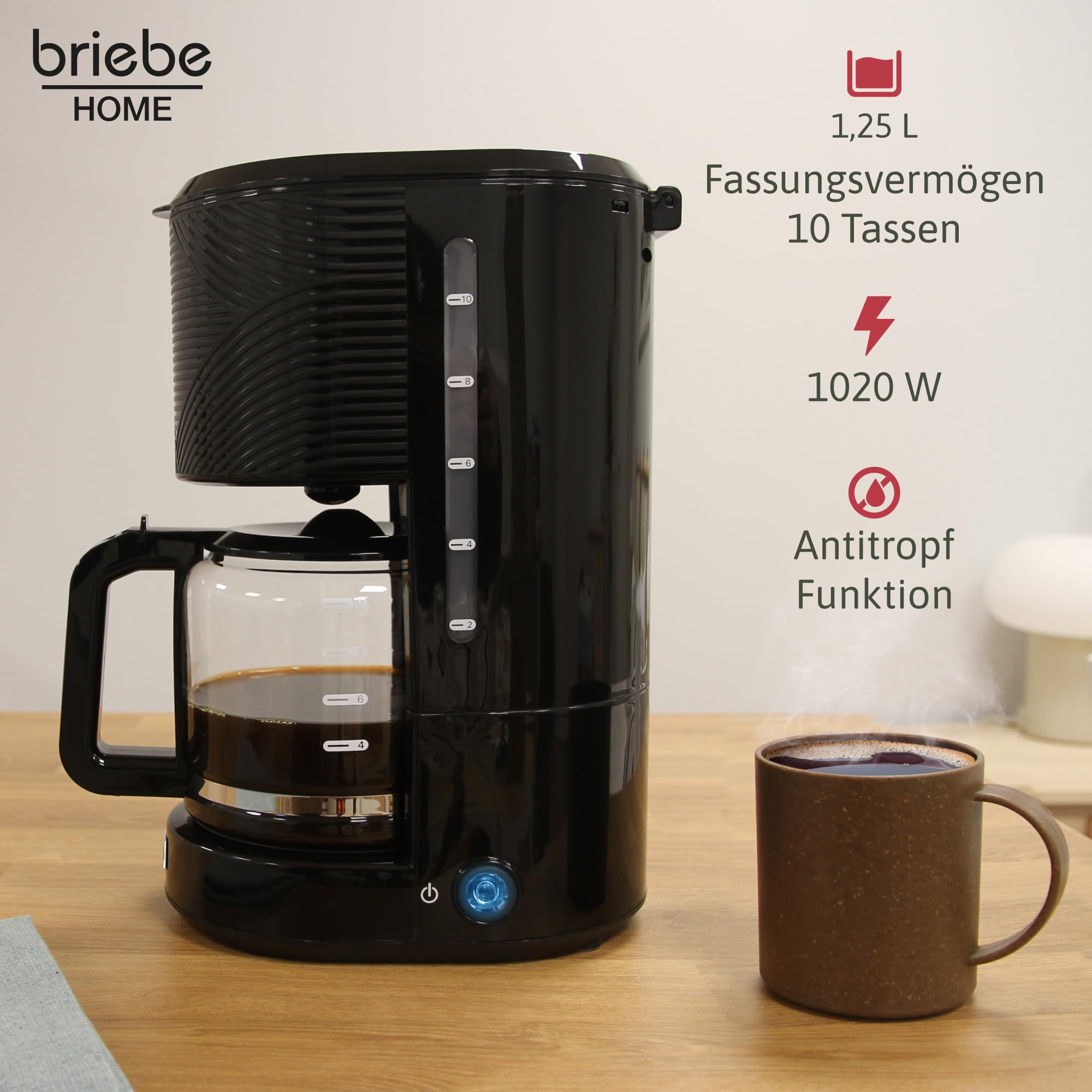 Briebe Elegance Set Brottoaster 2 Scheiben Wasserkocher 1,7L 2200W BPA-frei Filterkaffeemaschine 10 Tassen 1,25L Frühstückspack
