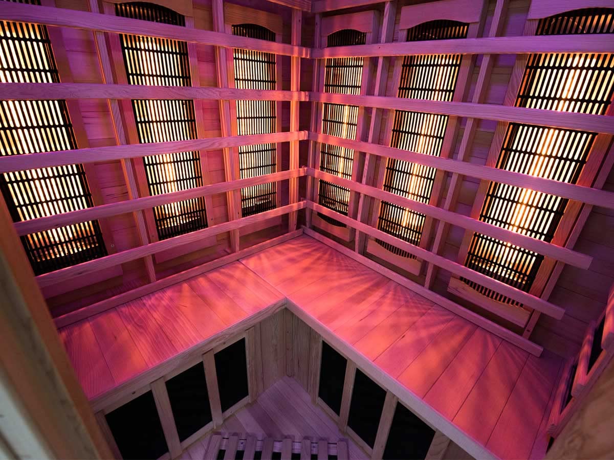 SN-APOLLON-Q2C - Infrarot-Sauna Apollon - EIN-/Aus-Taste - Reinigung der Kabine durch Ionisator - Chromotherapie 7 Farben - 2/3 Sitzer, Holz