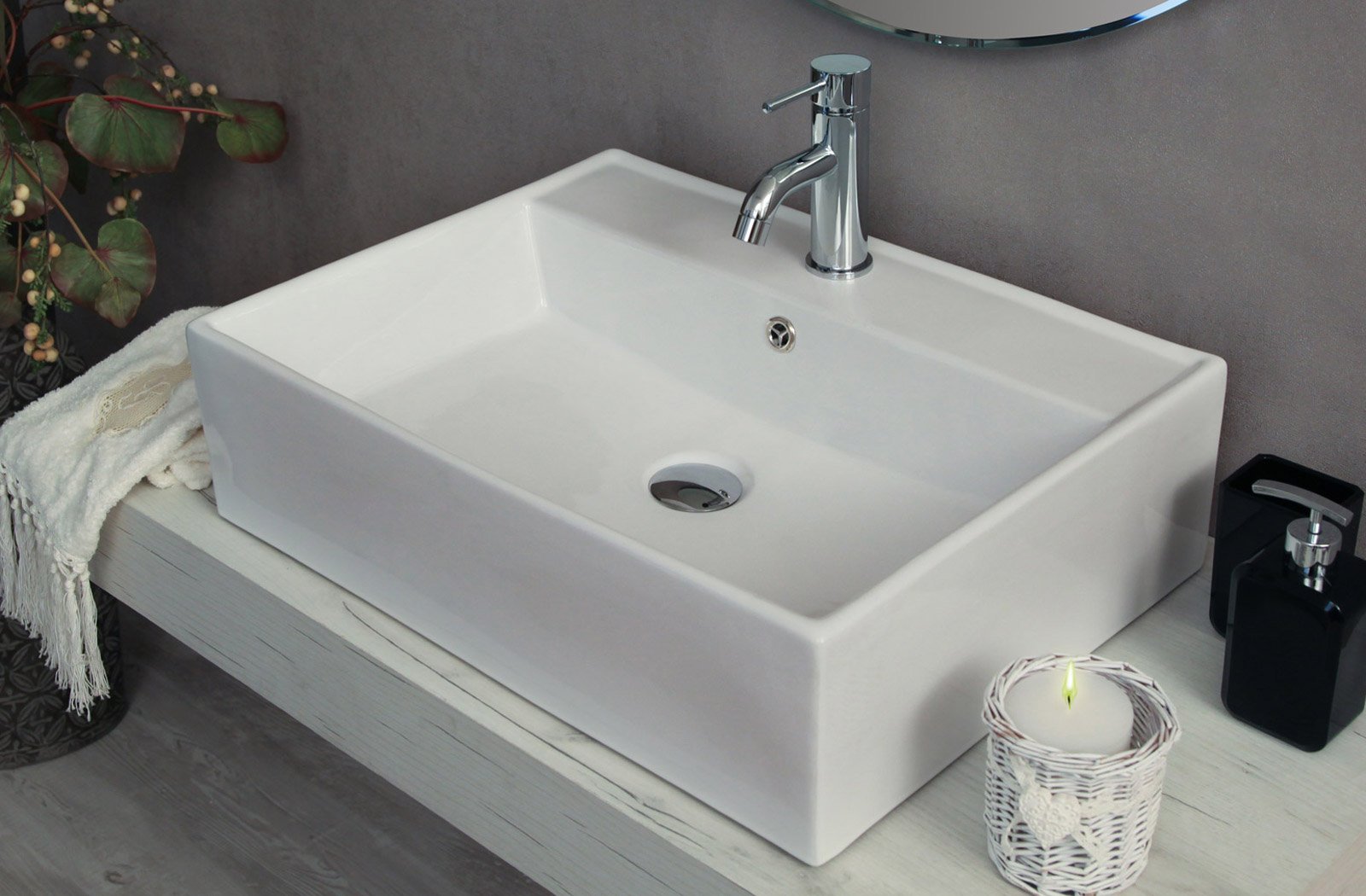 Yellowshop - Lavabo Da Appoggio Cm 58 x 45 x 16 Bacinella Lavandino Lavello Rettangolare In Ceramica Bianco Sanitari Bagno Design Moderno Modello Life