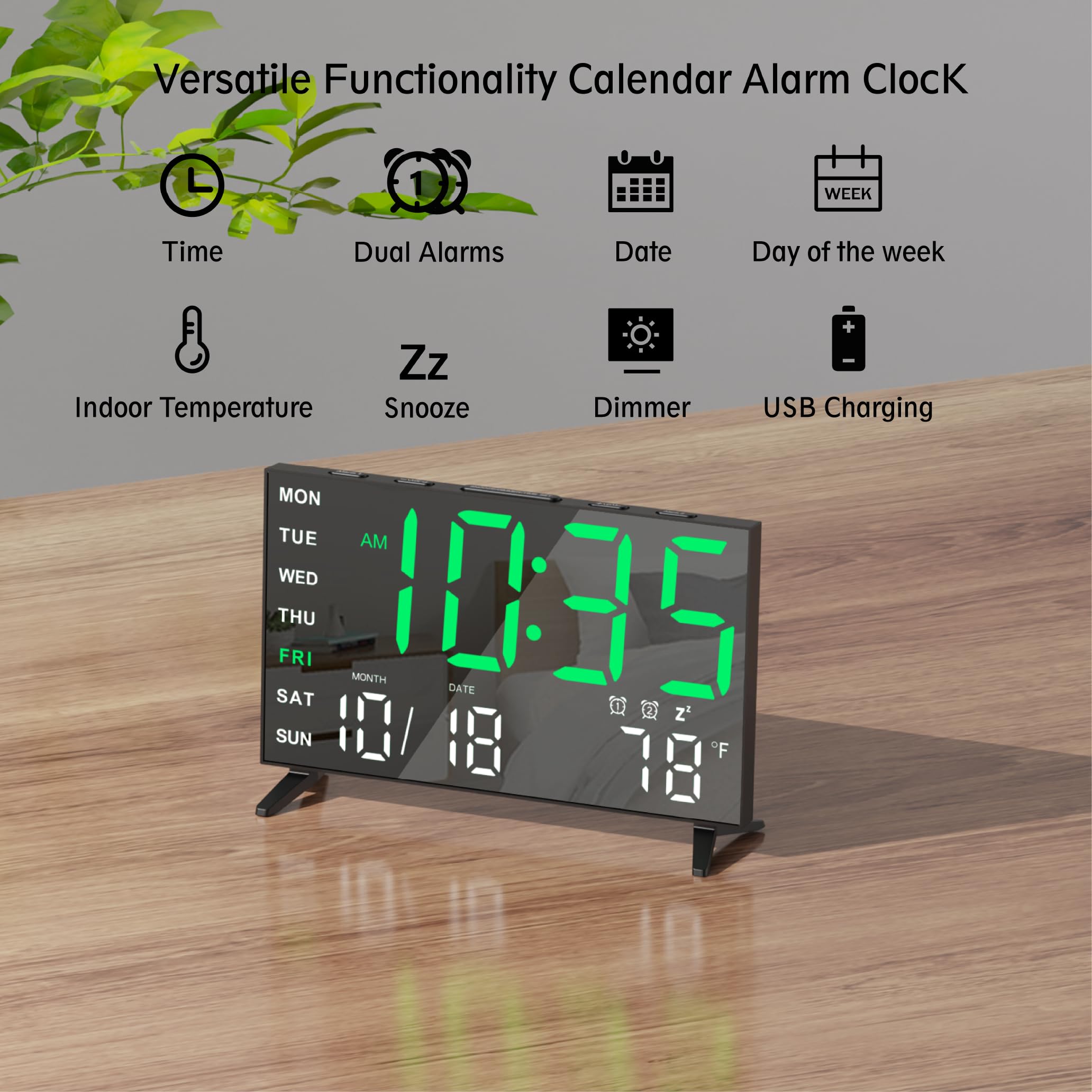 Reloj Despertador Digital con Espejo y Alarma Fuerte con Fecha, Temperatura Interior, Puerto de Carga USB, regulador de Intensidad, Volumen Ajustable, Dígito Verde Negro