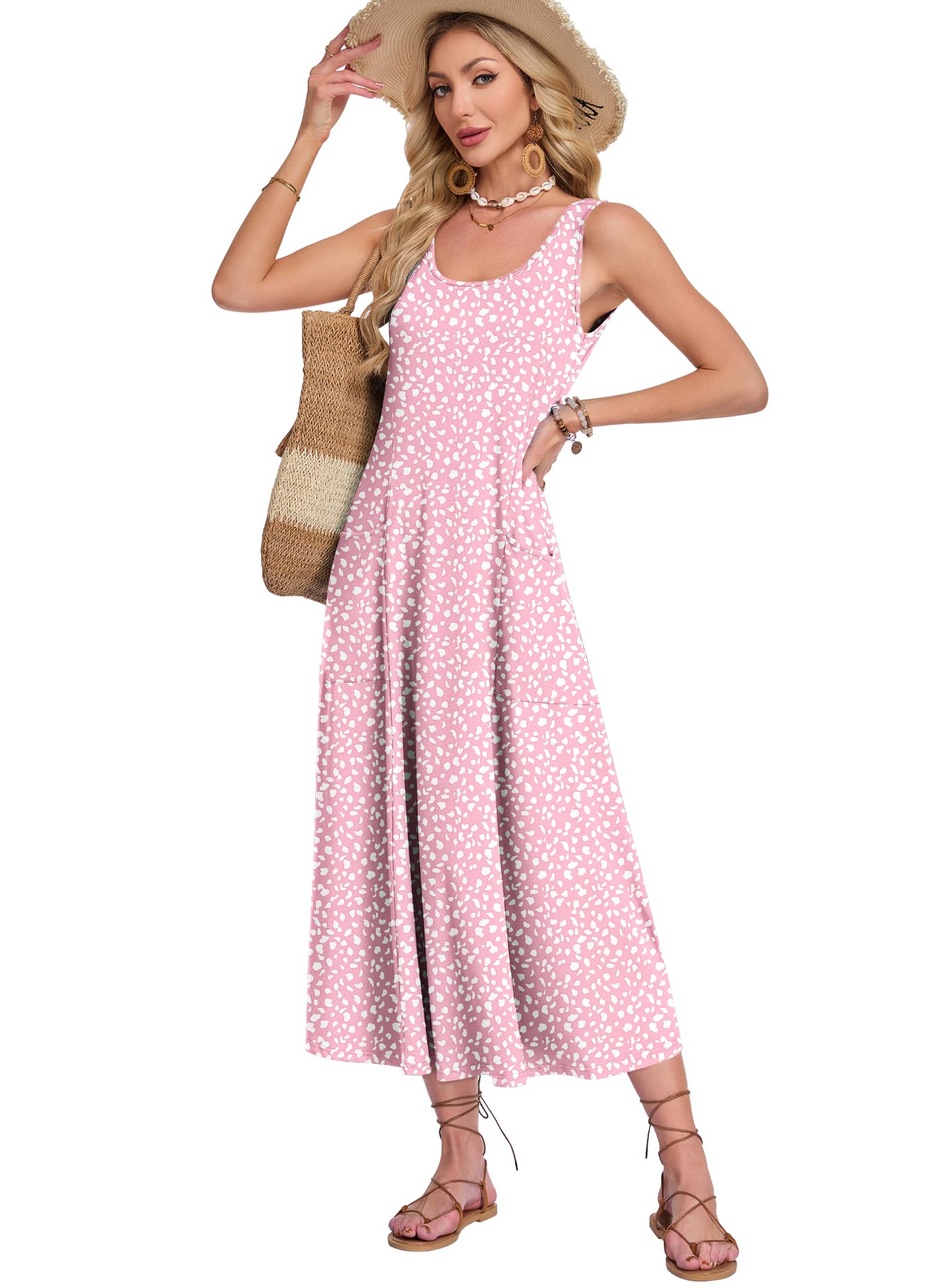 AUSELILY Robe Longue Femme ete sans Manches Robe de Plage Coupe trapèze Longues Style décontracté col en U Robe de Ample pour Les Vacances avec Poche