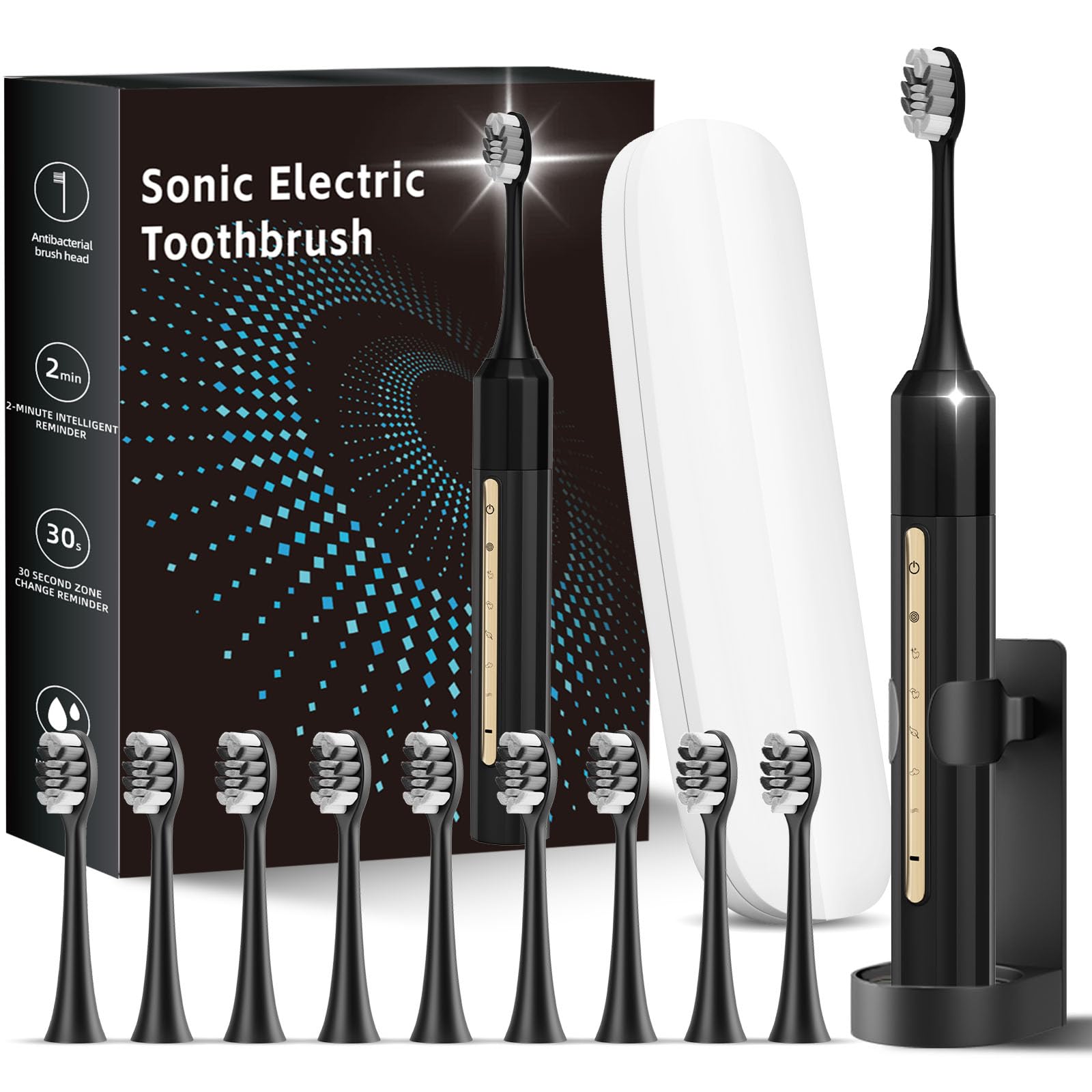 Lumivoid Sonic Electric Toothbrush with 10 Brush Heads for Adults and Children, Up to 30 Days on a Single Charge, 5 Modes, Built-in 2-Minute Smart Timer, IPX8 Waterproof Electric Toothbrush (Black)