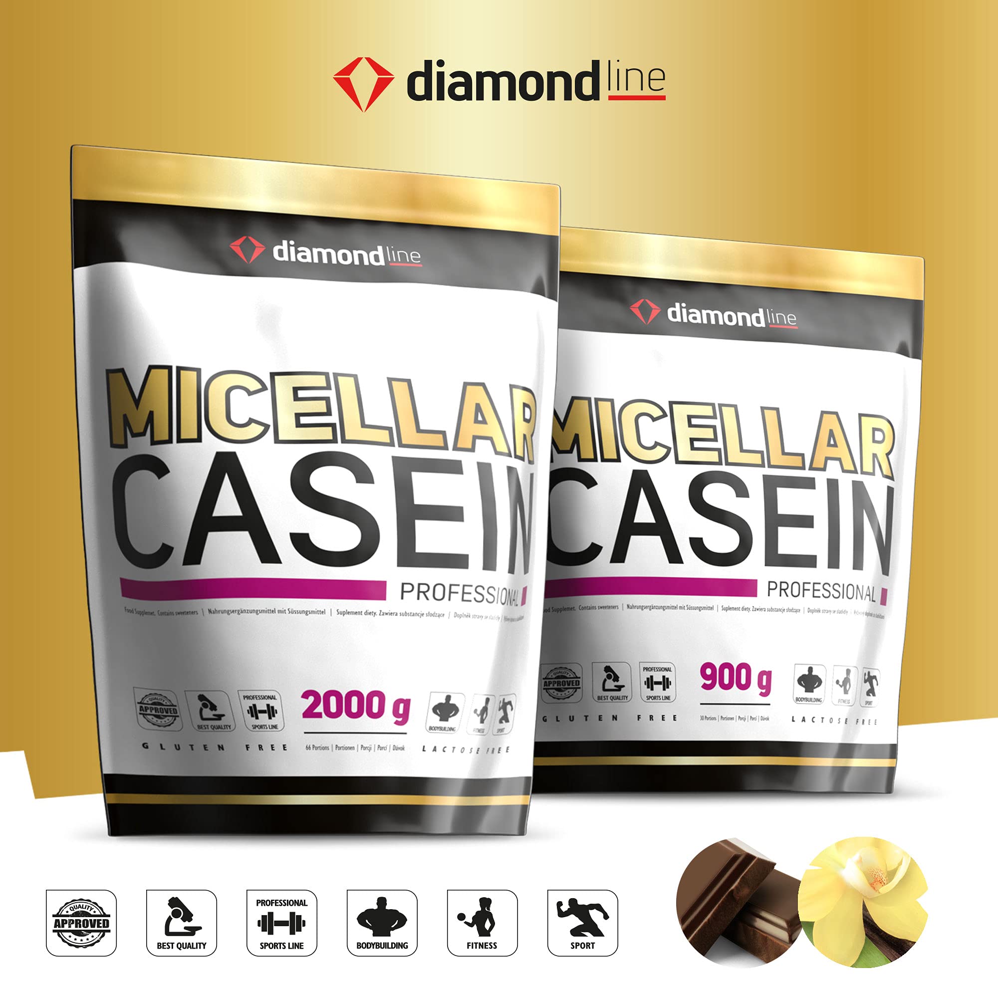 Micellar Casein Proteinpulver 900g Vanille - Cremiger Eiweißshake & Casein Pulver - Langsam verdaulich für Muskelaufbau, Diät & Regeneration - diamond line
