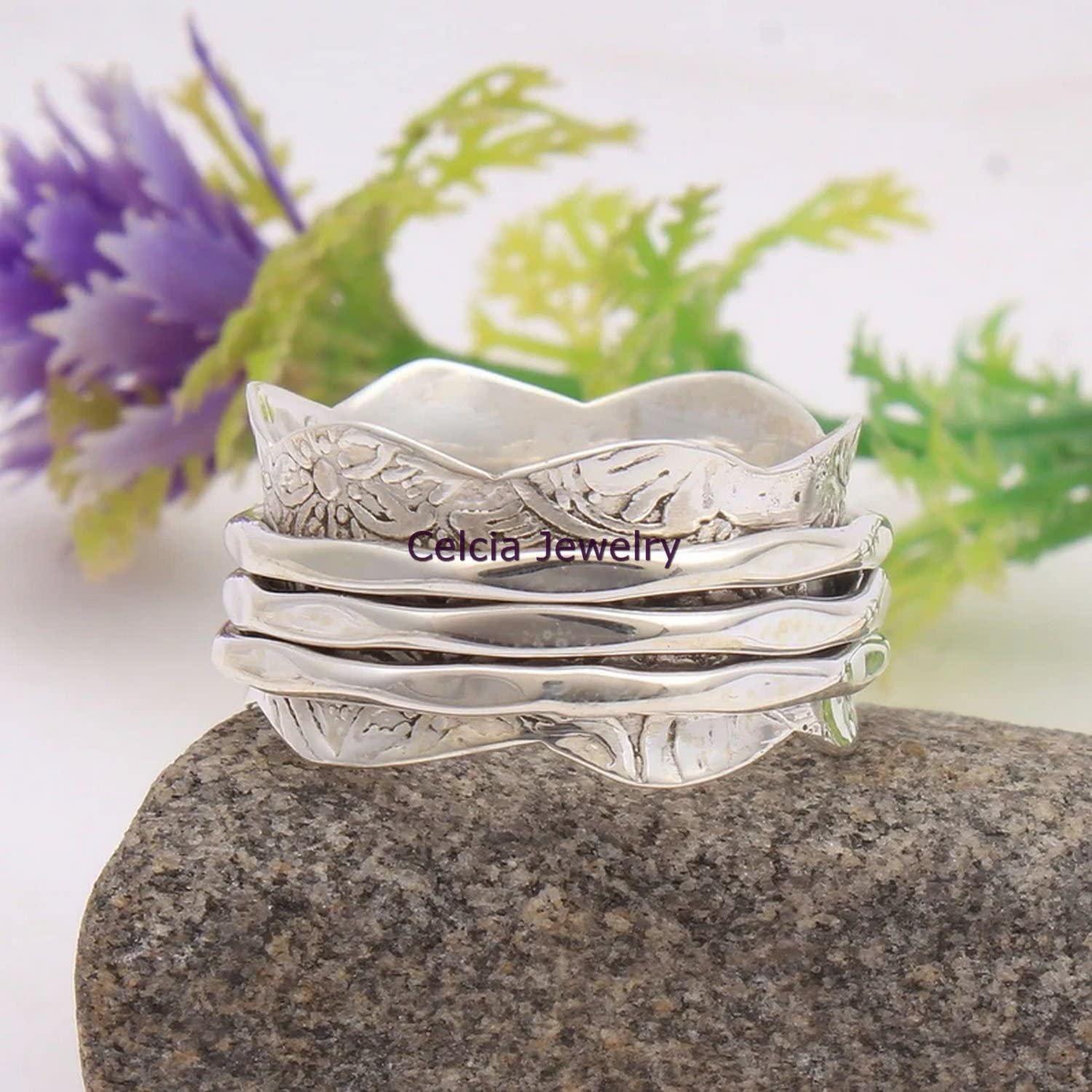 Bellissimo anello di spinner, anello di filatura strutturato, anello a fascia di fiore di design, anello di meditazione in argento sterling 925 reale, gioielli d'argento unisex, anello di proposta