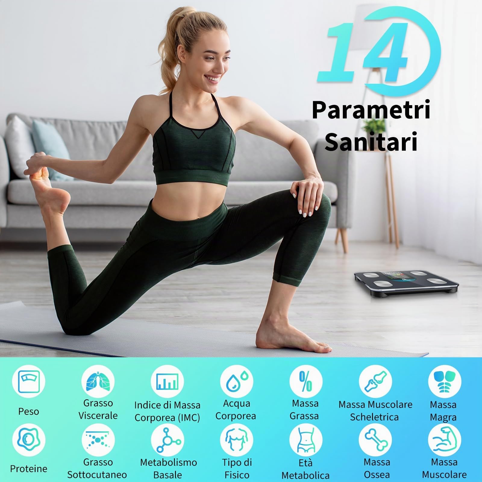 Arboleaf Bilancia Pesapersone Digitale, Bilancia Impedenziometrica con Bluetooth e App, Ampio Display per BMI, Grasso Corporeo, Massa Muscolare, 14 Parametri, Alta Precisione, Capacità 180 kg