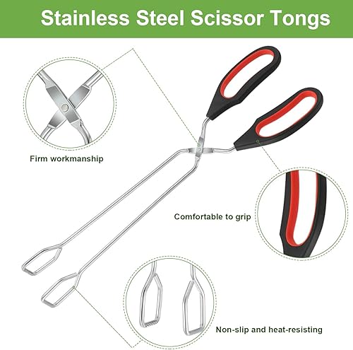 Miniatura 4 de Boao Paquete de 3 pinzas de acero inoxidable para cocinar de 9 pulgadas, 11 pulgadas y 12 pulgadas, resistentes al calor, tijeras pequeñas para