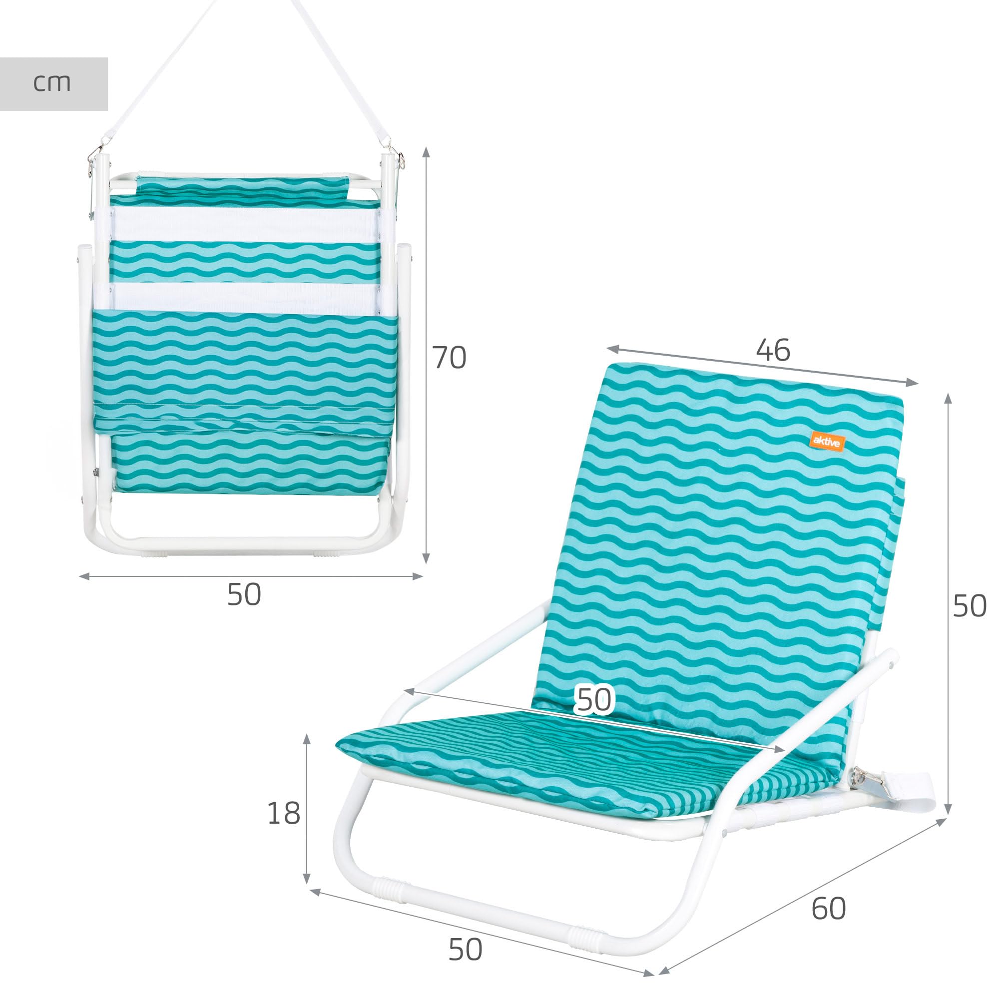 AKTIVE Chaise de Plage Pliante légère Bleue avec poignée de Transport, 46 x 60 x 50 cm, Structure en Aluminium, Tissu Polyester Respirant, Chaise Basse Camping Jardin, jusqu'à 110 kg (62533)