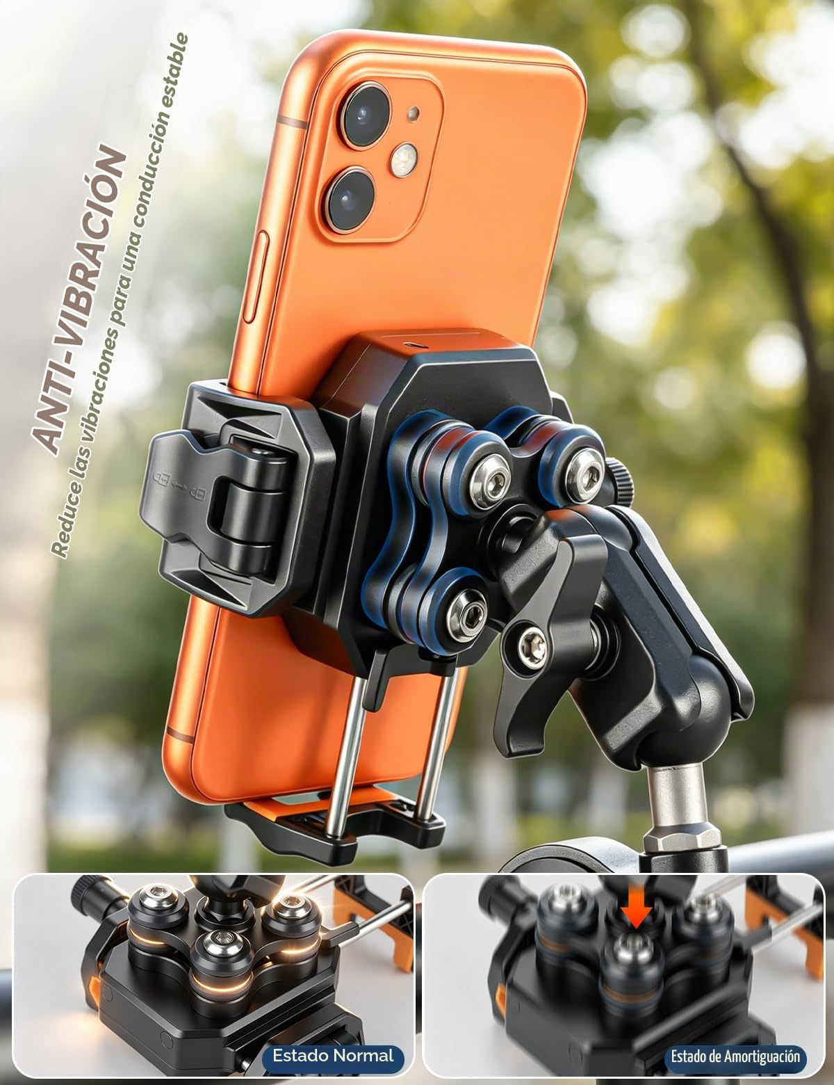 koolehaoda Soporte Móvil Moto con Amortiguador de Vibraciones [Doble Antivibración] Soporte Giratorio de 360° para Motocicleta, Bicicleta, ATV, UTV y Scooter Compatible con 5.4-7.2" Smartphones