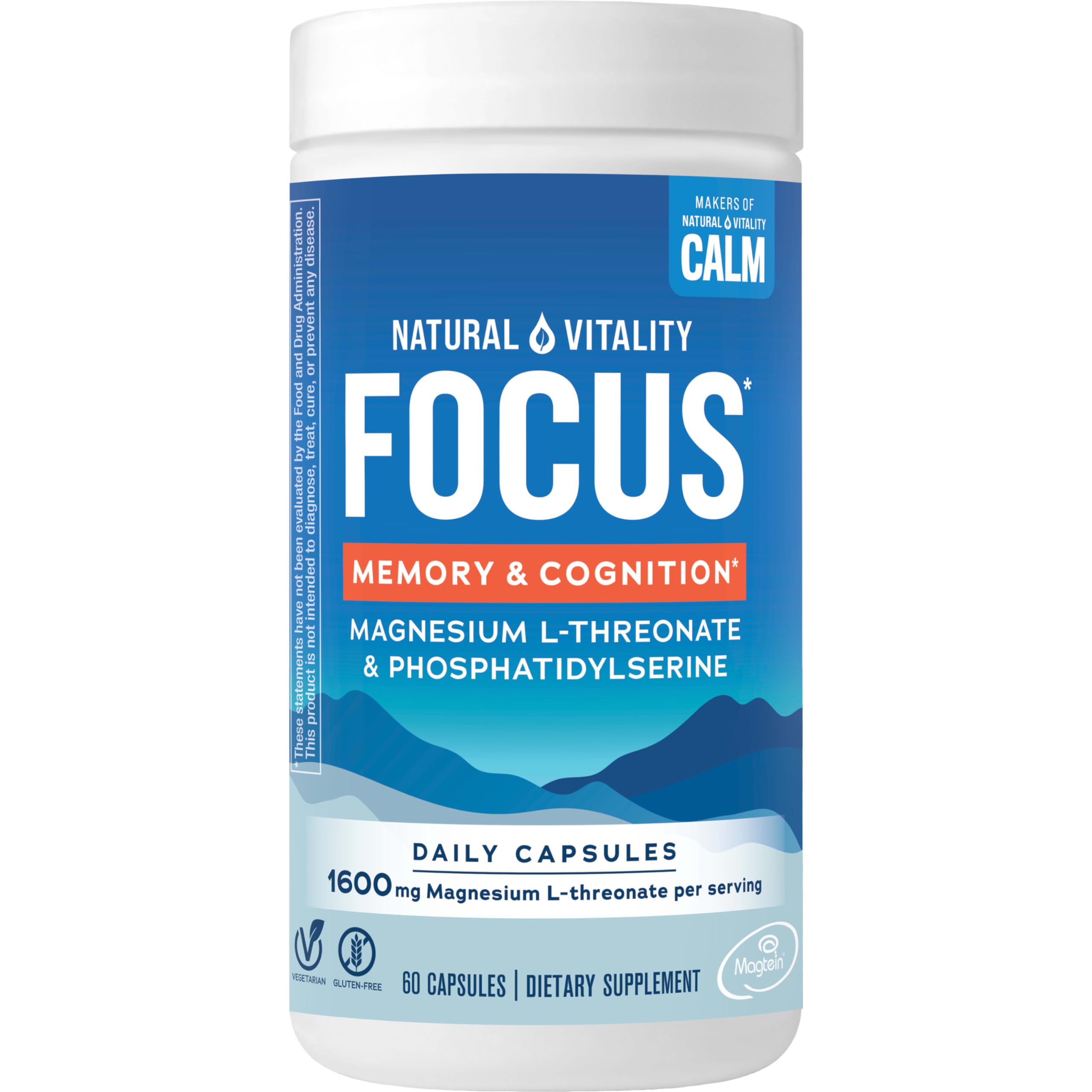 Natural Vitality Focus, Magnesium L-Threonate and Phosphatidylserine Nootropic Brain Supplements for Memory, Focus, and Cognition, Gluten Free, Vegetarian, 60 Capsules