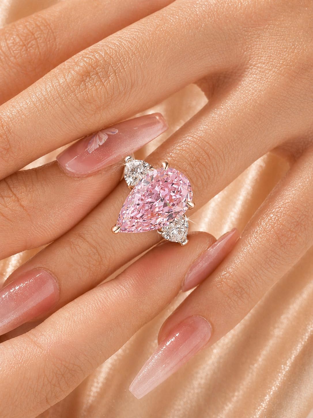 Maxinejewelry Luxury 8.0 CT Pink Stone Pear Cut Engagement Ring for Women, S925 Silver Three-Stone AAAAA Cubic Zirconia Promise Ring