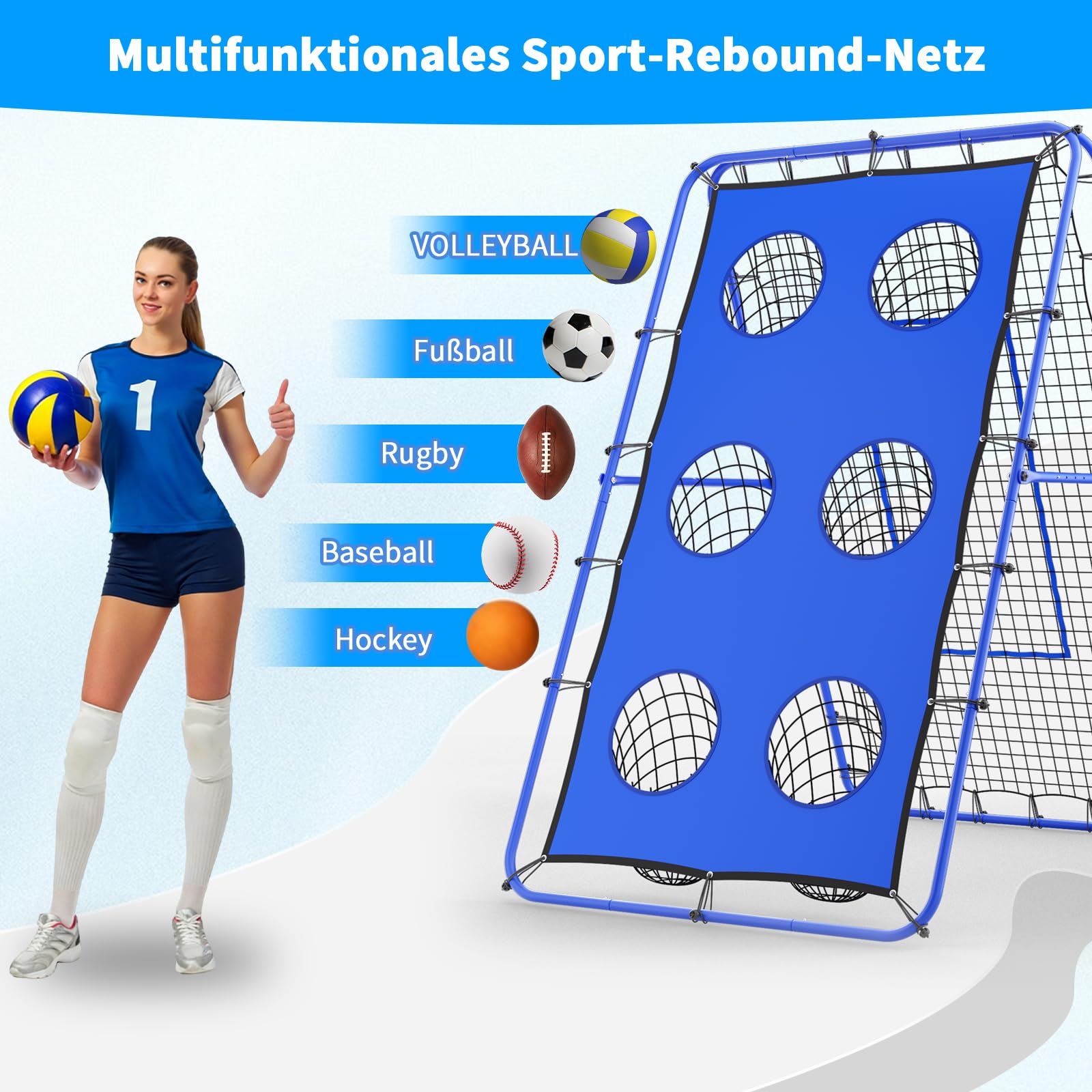 Filet de rebond volleyball 2,1 x 1,2 m réglable multi-angle avec piquets métalliques solides