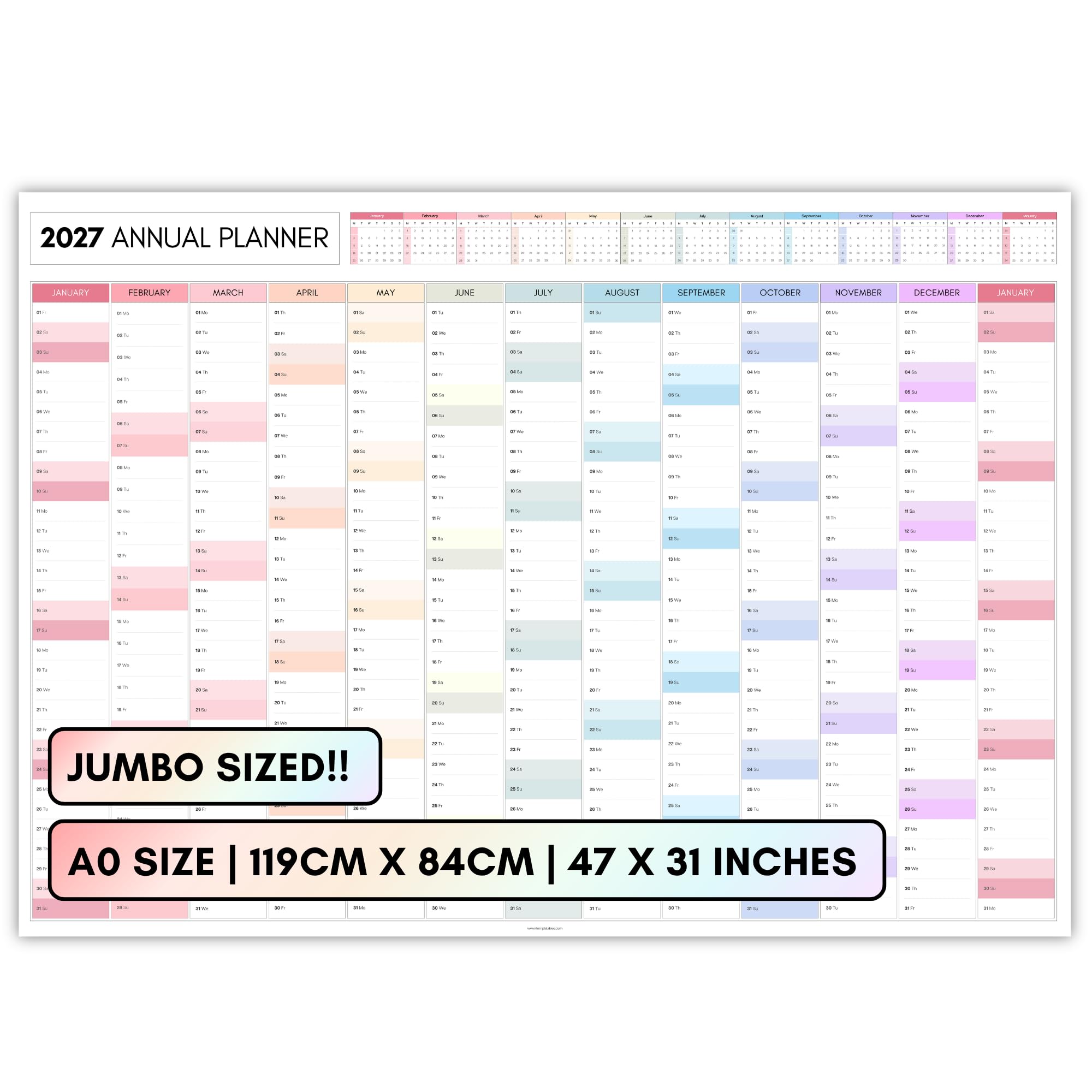 2027 GIANT Monthly Wall Planner, A0 119cm x 84cm | DOUBLE SIDED JUMBO PRINT, Colourful Wall Calendar 2027, Year Planner, Full Year to View | Organiser for Office, University, School (Colourful)