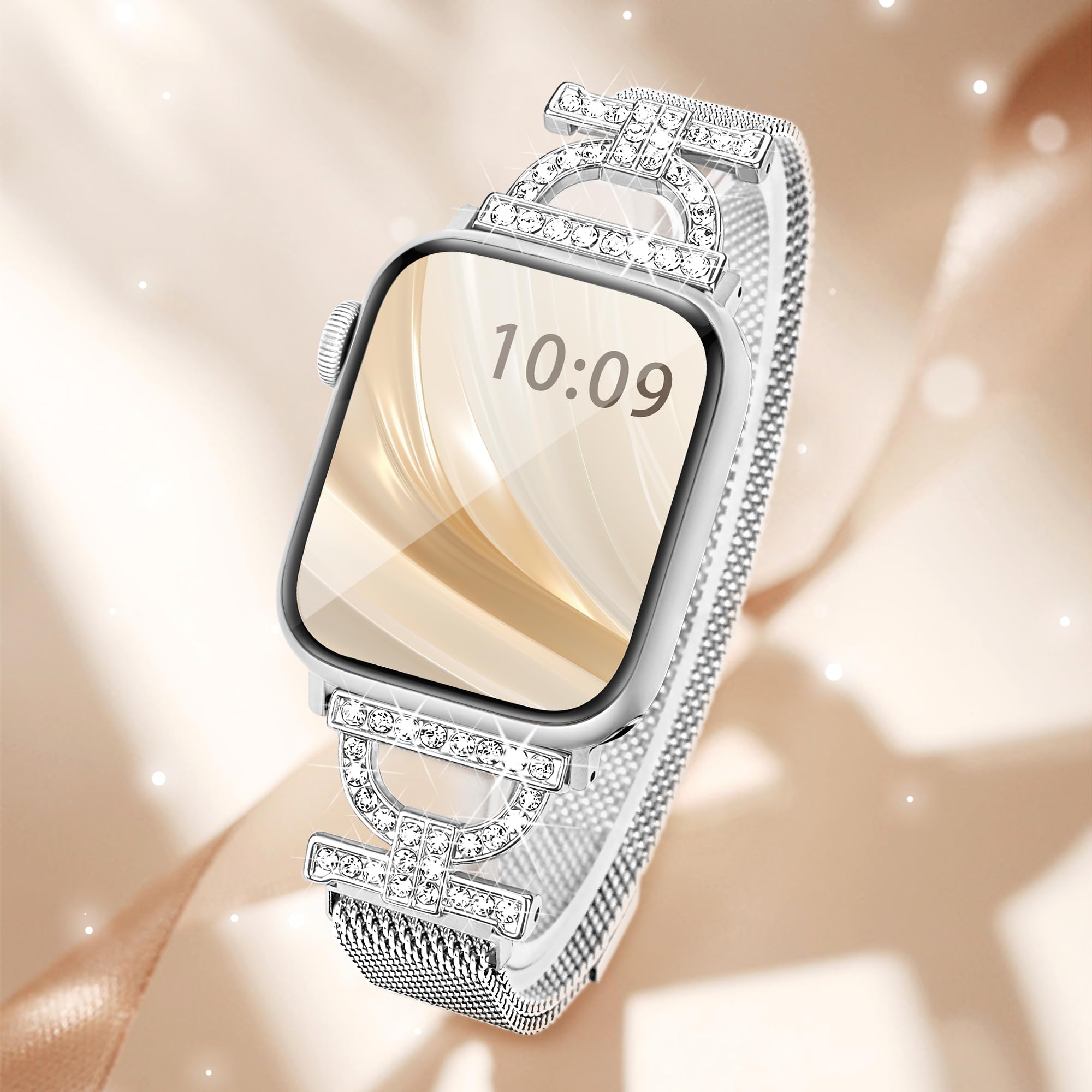 Pleixiu Magnetic Metal Band Compatible with Apple Watch Bands for Women 44mm 40mm 45mm 41mm 38mm 42mm 46mm, Dressy Bling D-Shape Milanese Loop Stainless Steel Strap for iWatch Series 10 9 8 7 6 5 4 3 2 1 SE-Silver