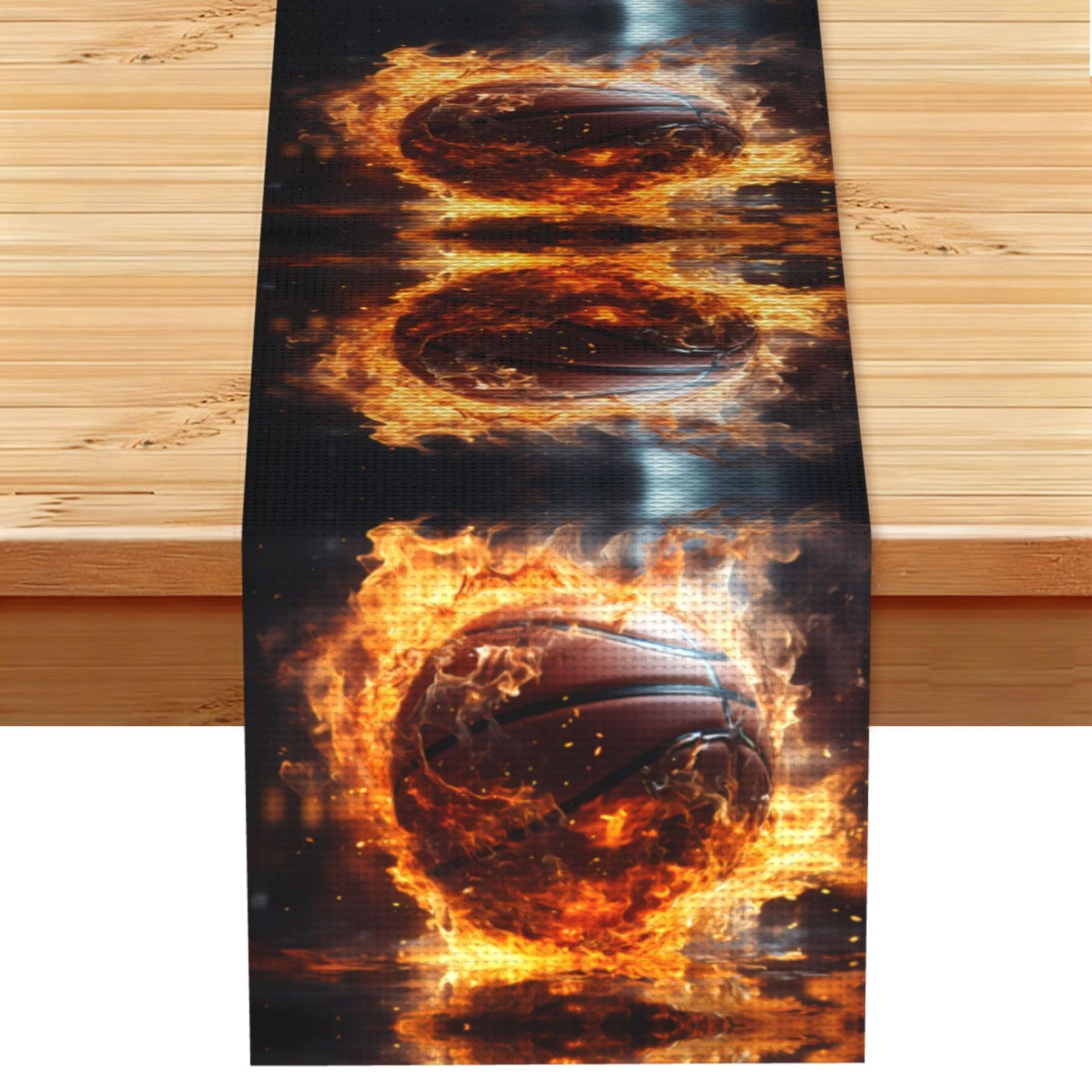 Basketball on Fire and Water Flame Splashing Linen Feel Table Runner Wedding Party Home Decoration