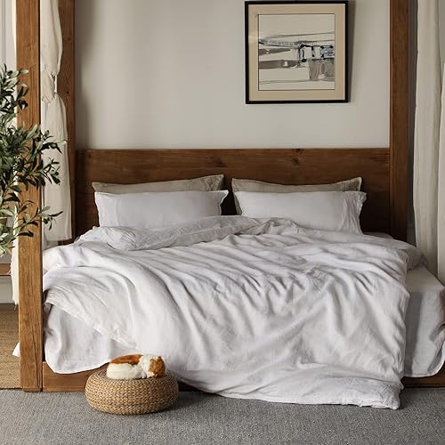 Miniatura 2 de XZ XIFA Juego de funda de edredón de lino blanco, tamaño Queen, 100% lino francés natural, transpirable y duradero, juego de funda de edredón de 3