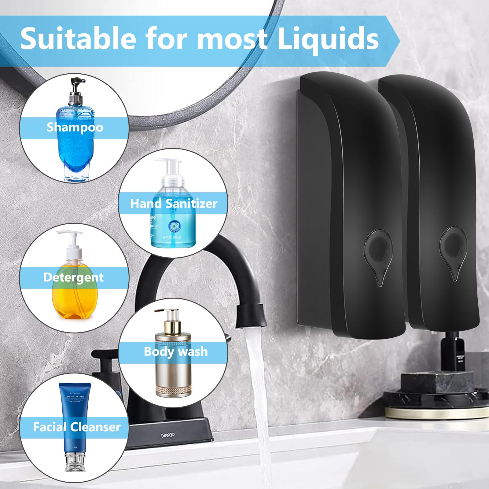 Distributeur Savon Mural 2 Pièces, Distributeur de Savon Mural 300ml, Distributeur Savon Mural sans Percage Ou Installation à Vis pour Toilettes, Salles de Bains et Cuisines, Noir