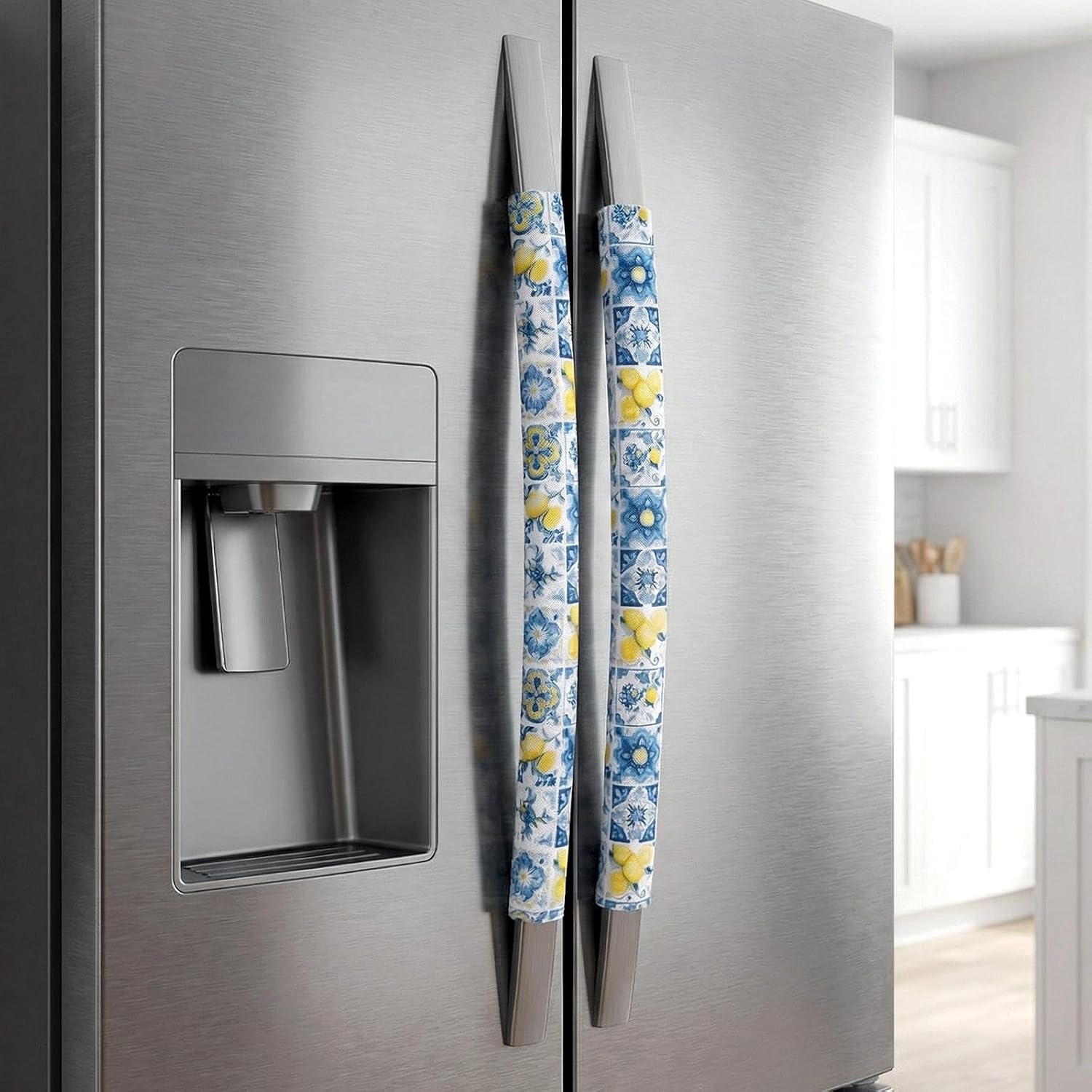 Sadnyy 2 Pcs Lemon Refrigerator Door Handle Covers Blue Tiles Mediterranean Yellow Capri Lemon Fridge Handle Protector for Fridge Dishwasher Microwave Oven Door Amalfi Coast Kitchen Decor