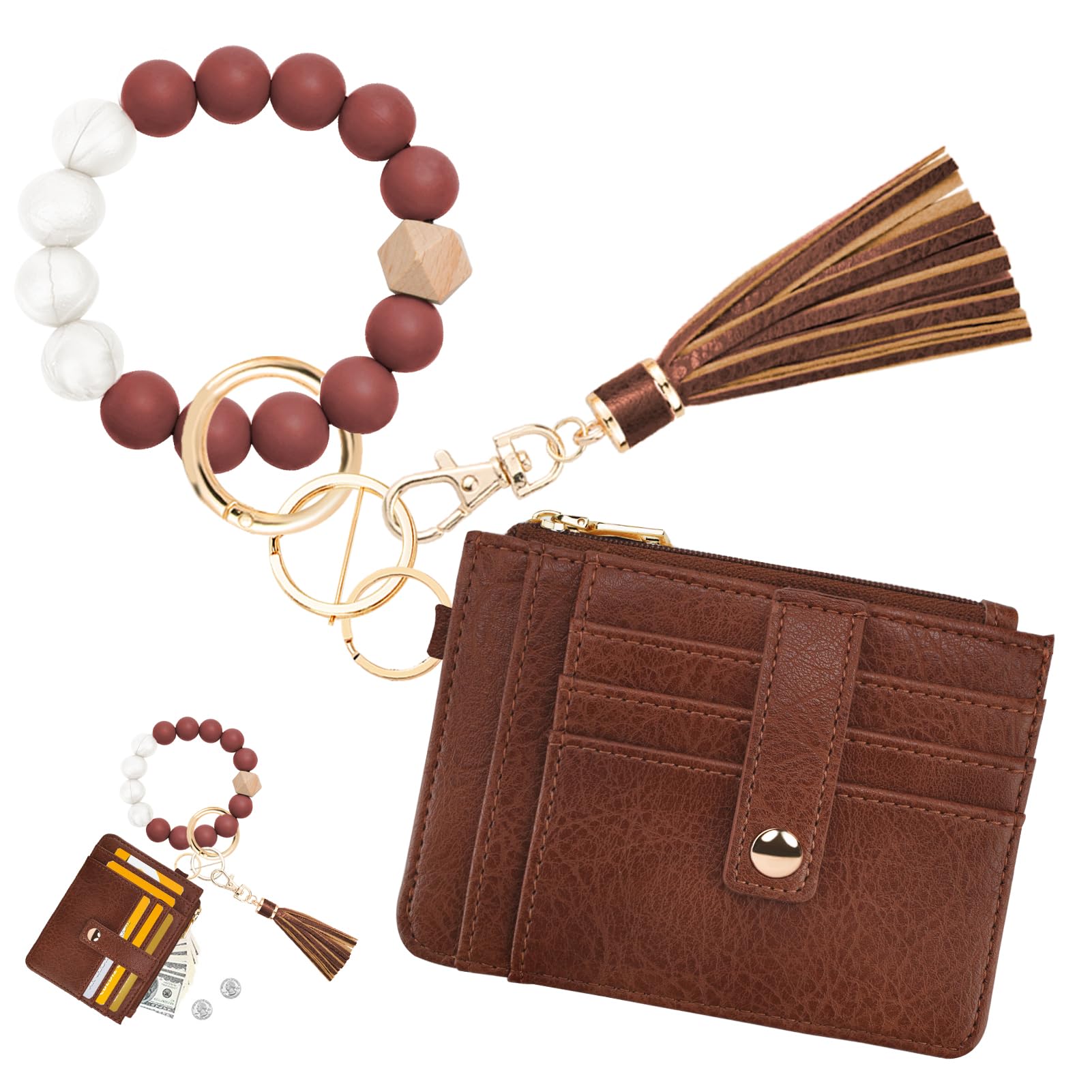 KNGITRYI Wallet Keychain Wristlet for Women,Slim RFID Credit Card Holder Purse Tassel Keychain Bangle Key Ring for Men Women